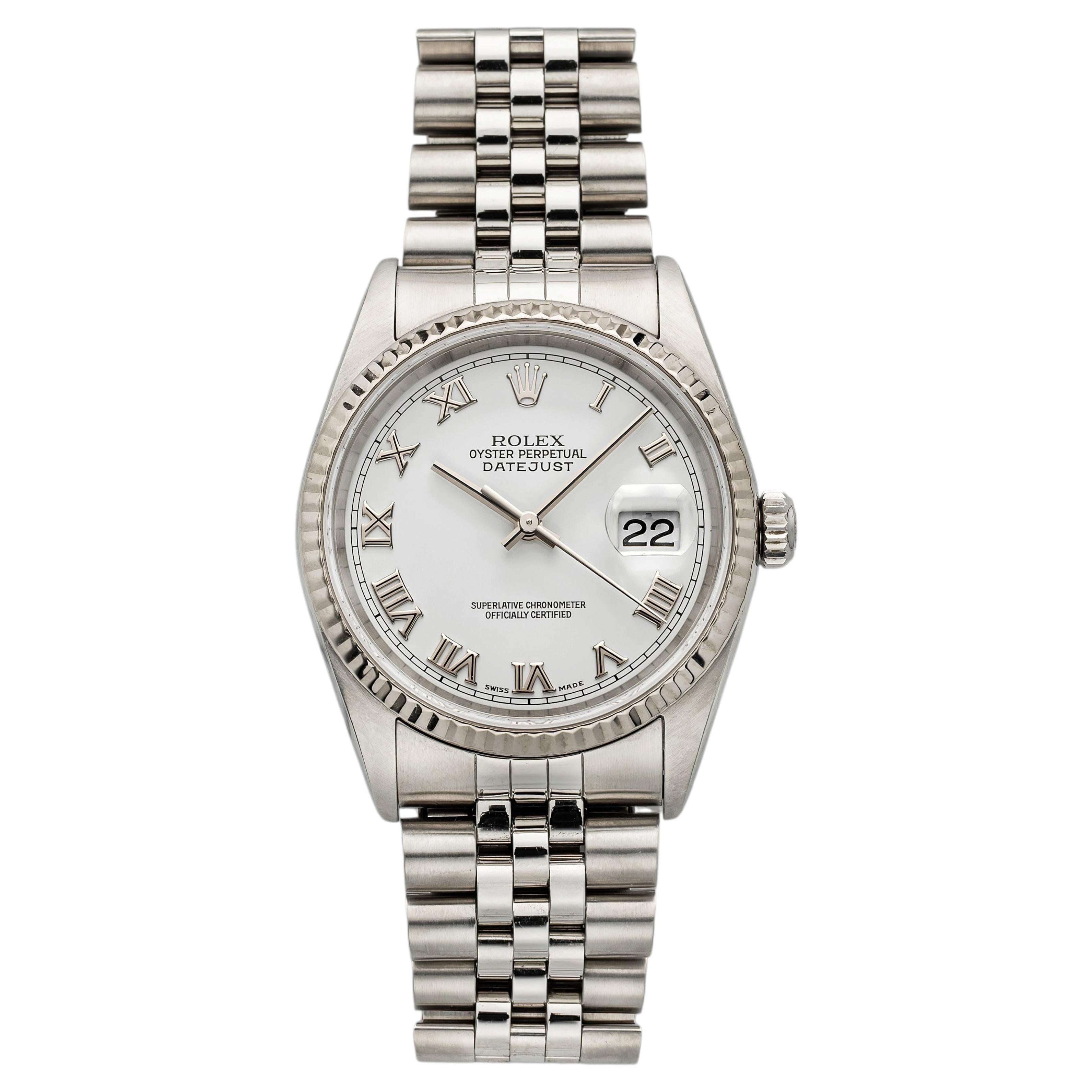 Rolex Datejust 16234 del 2004, acciaio inossidabile, quadrante bianco con numeri romani, automatico, 36 mm
