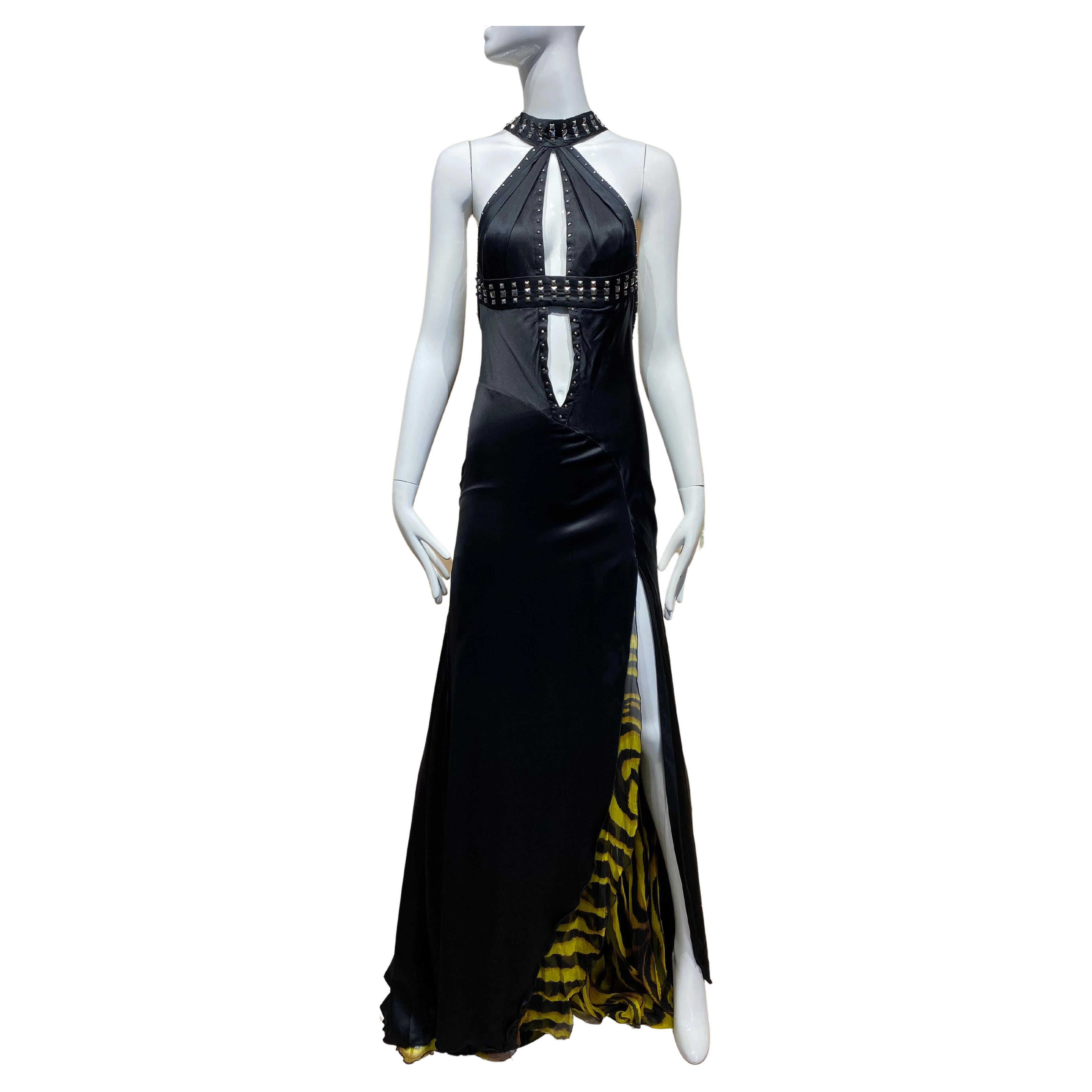 2004 Versace Black Cut Out Satin Gown For Sale