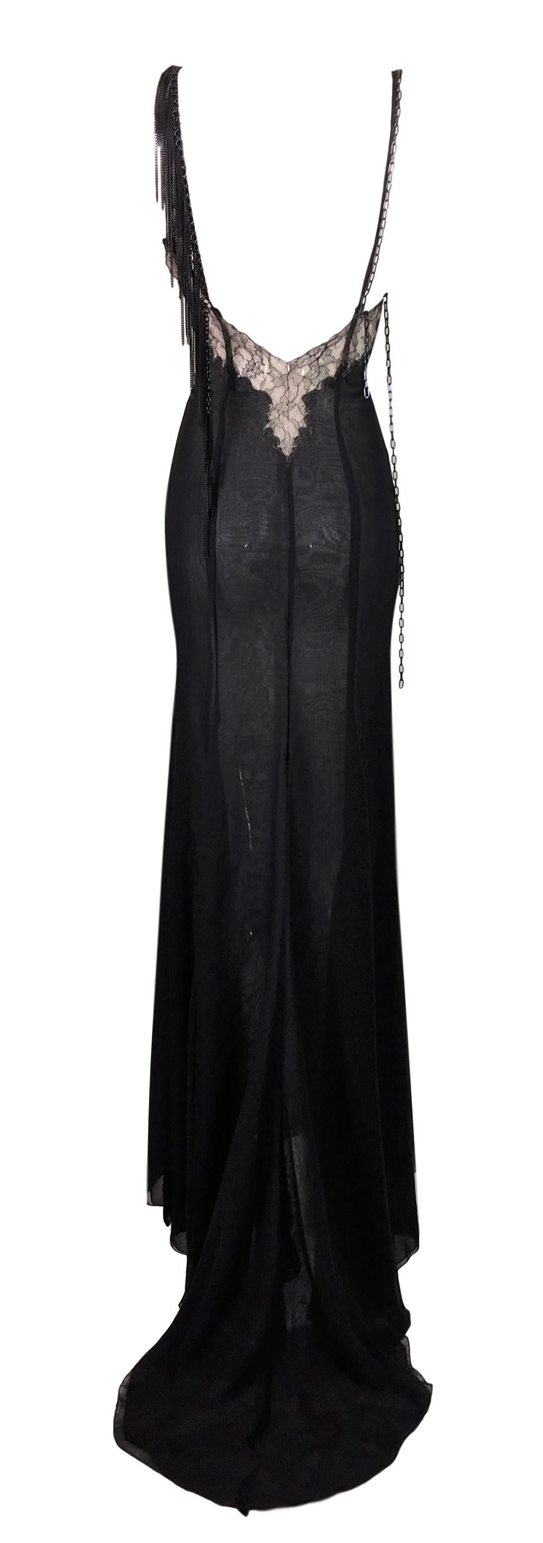 2004 Versace Black Sheer Plunging Chain Embellished Gown Dress w Train In Good Condition In Yukon, OK