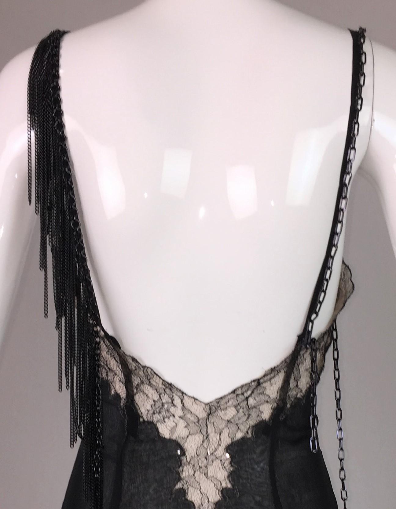 Women's 2004 Versace Black Sheer Plunging Chain Embellished Gown Dress w Train