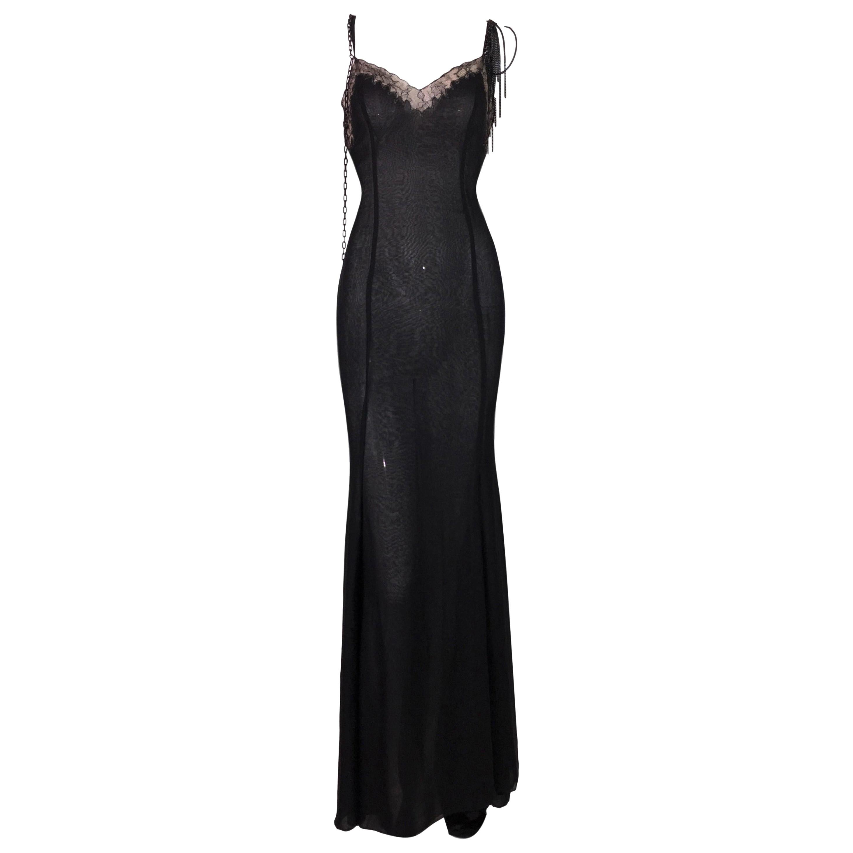 2004 Versace Black Sheer Plunging Chain Embellished Gown Dress w Train