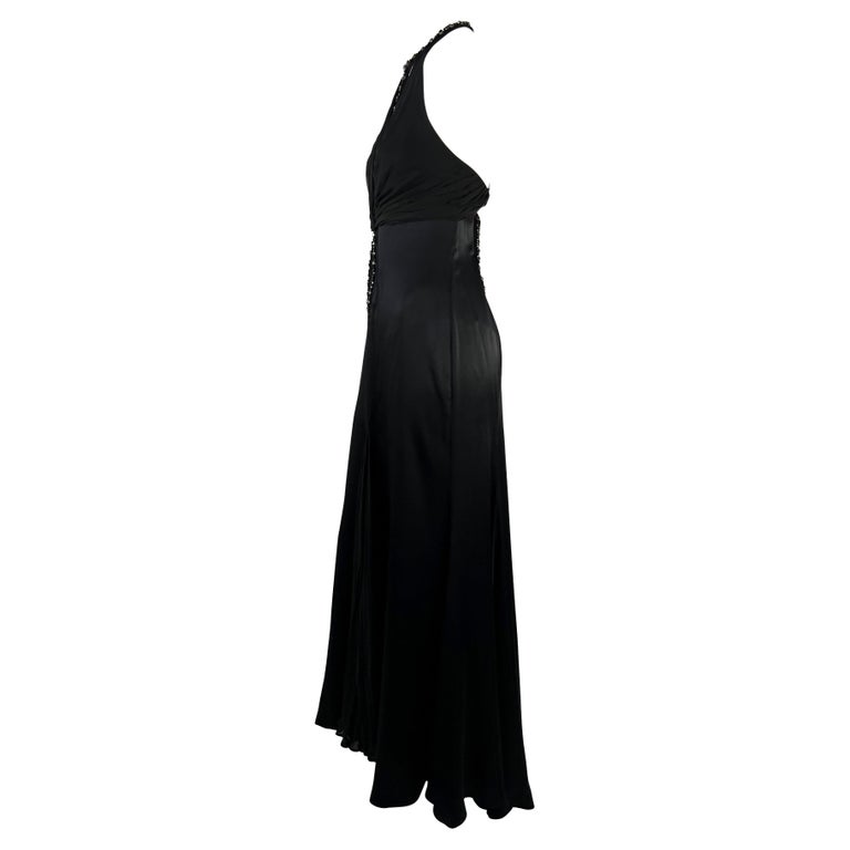 Black 2004 Versace by Donatella Rhinestone Silk Satin Chiffon Cutout Gown For Sale