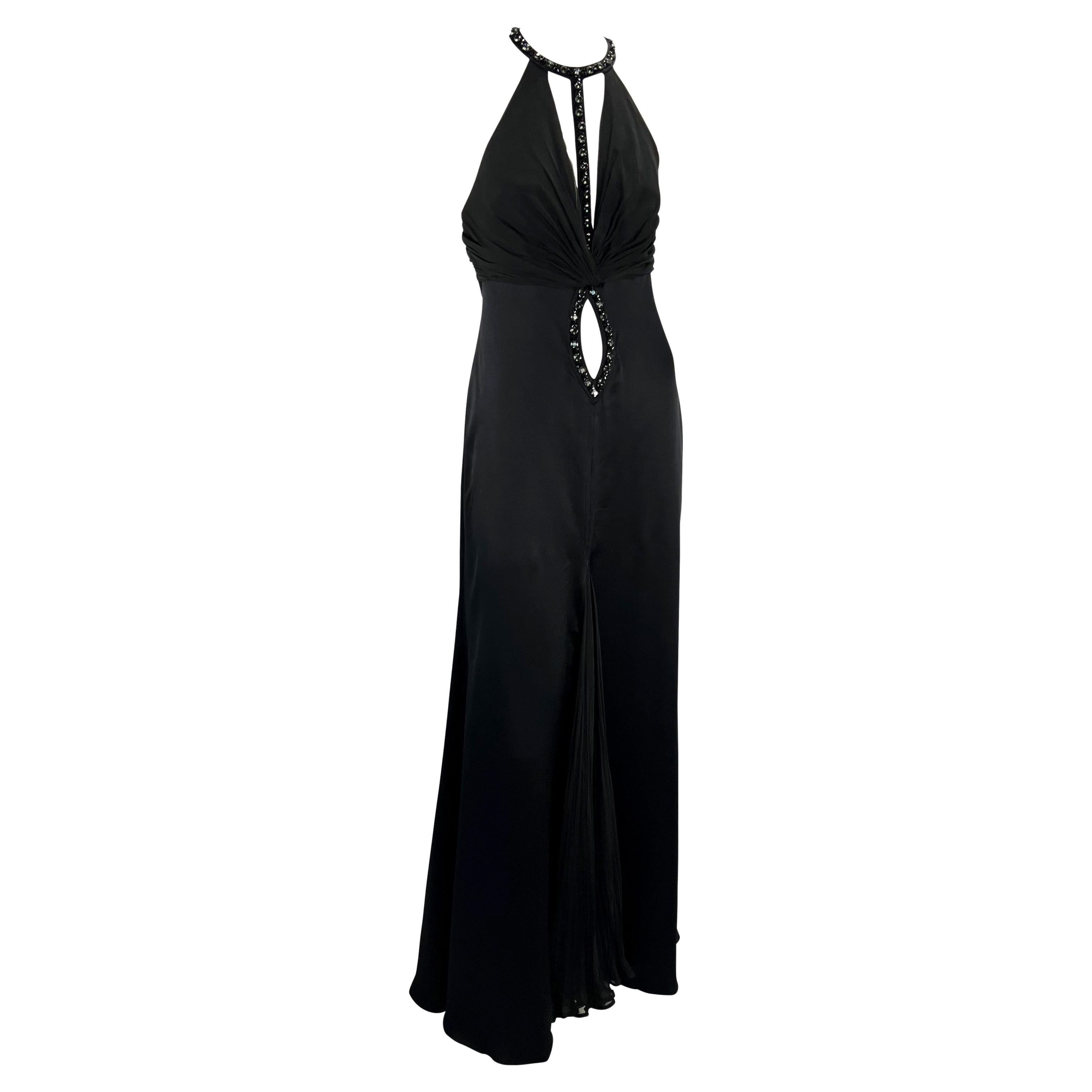 2004 Versace by Donatella Rhinestone Silk Satin Chiffon Cutout Gown For Sale