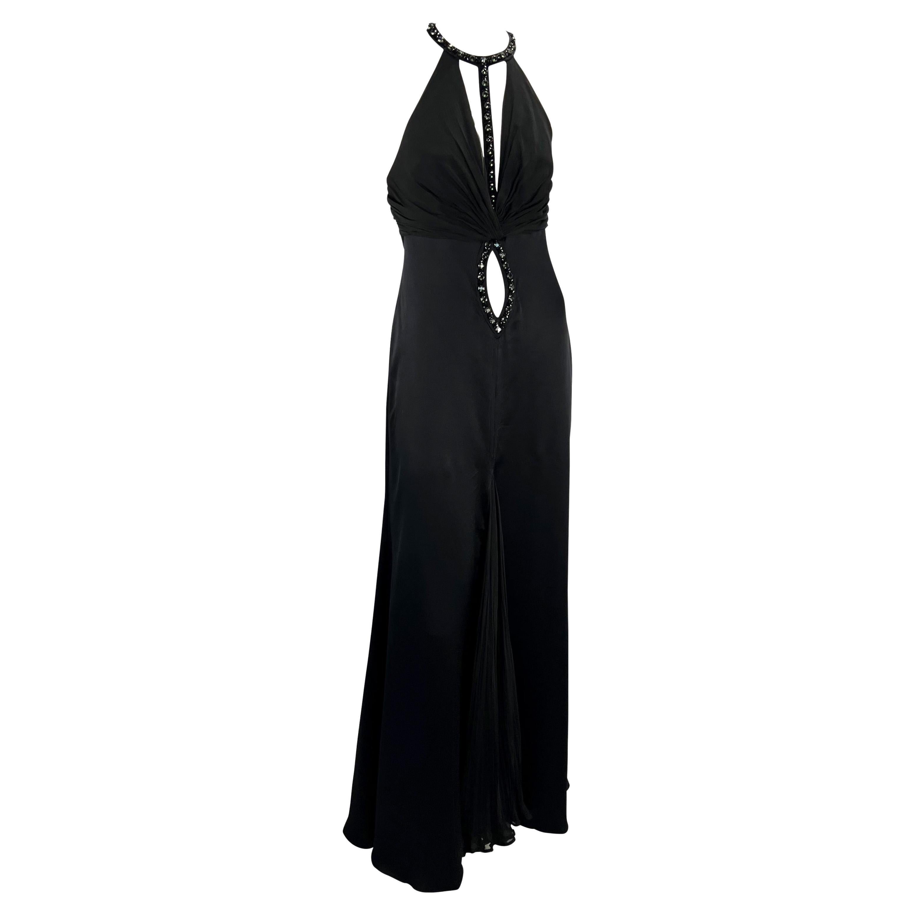 F/W 2004 Versace by Donatella Rhinestone Silk Satin Chiffon Cutout Gown For Sale