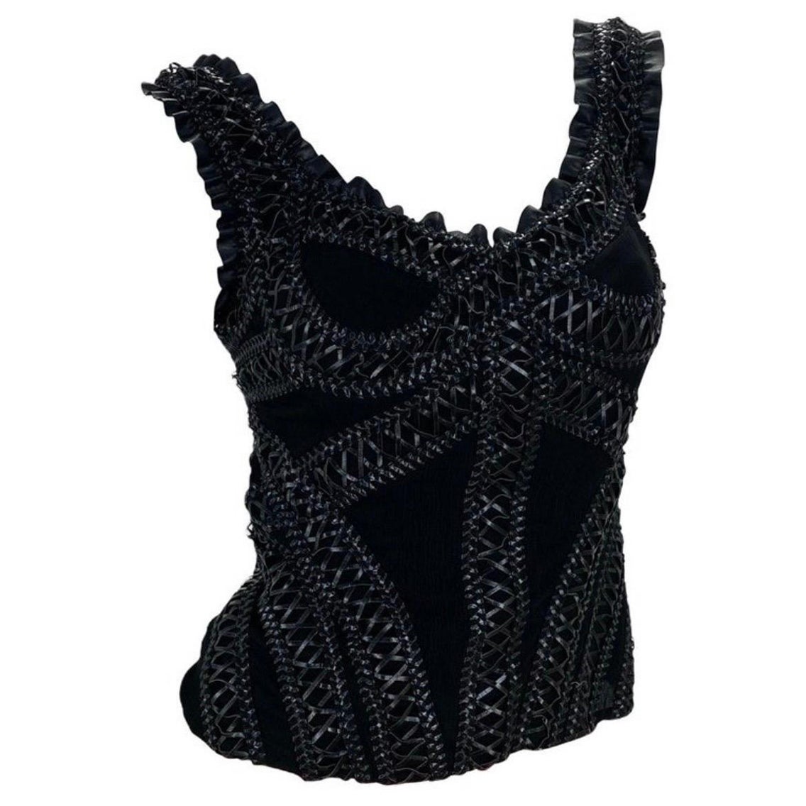 2004 Vintage Alexander McQueen - Top a corsetto in seta e pelle nera
