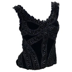 Haut à corset vintage Alexander McQueen en soie et cuir noir, 2004