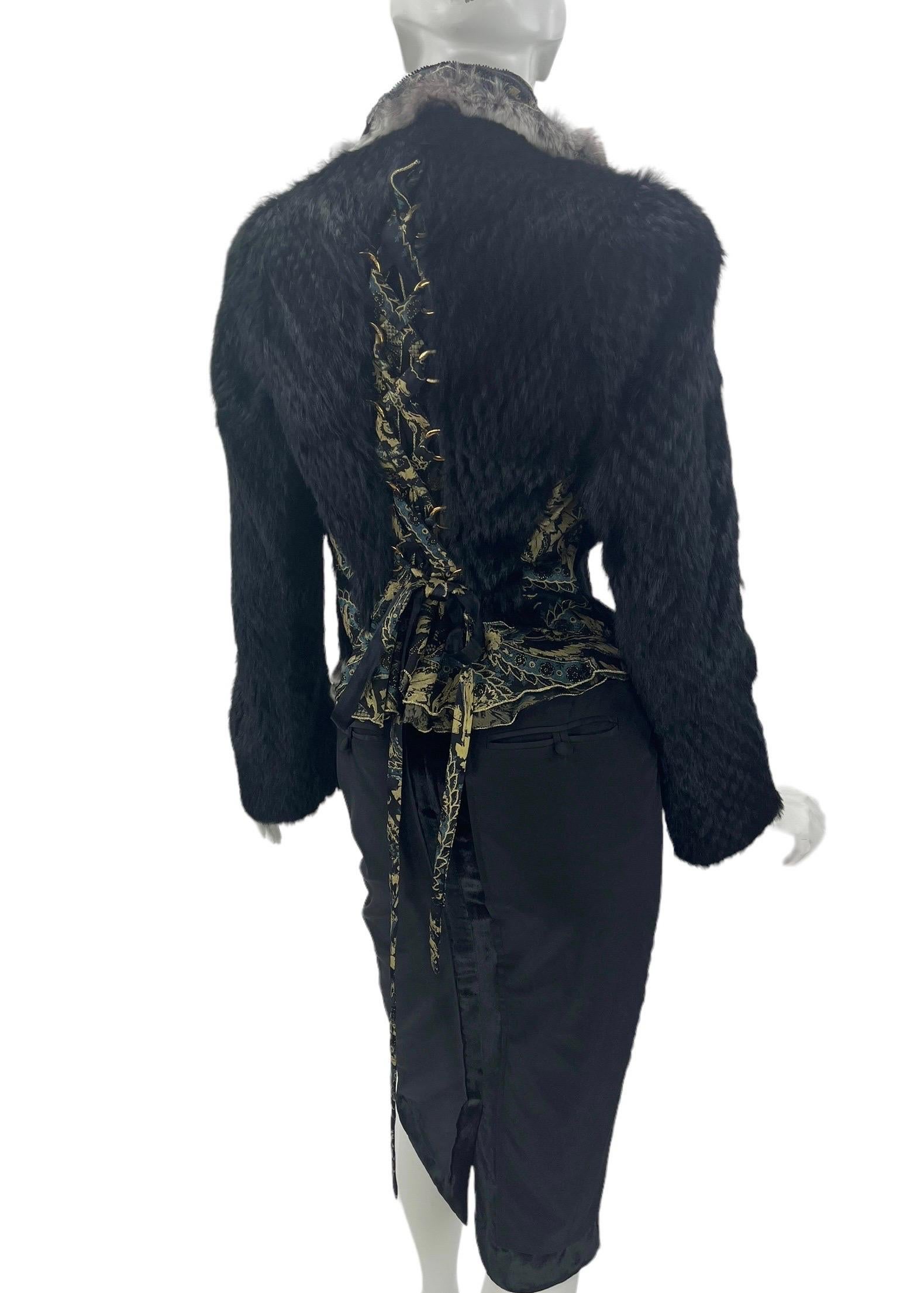 2004 Vintage Roberto Cavalli Black Lapin & Chinchilla Fur Silk Corset Jacket In New Condition For Sale In Montgomery, TX