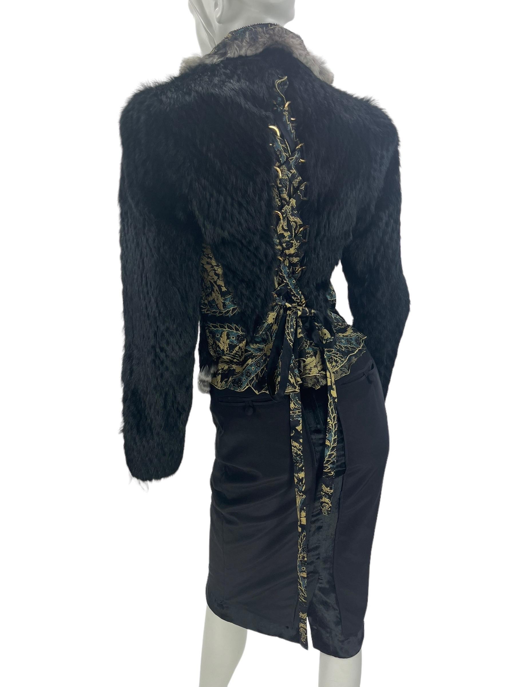 Women's 2004 Vintage Roberto Cavalli Black Lapin & Chinchilla Fur Silk Corset Jacket For Sale