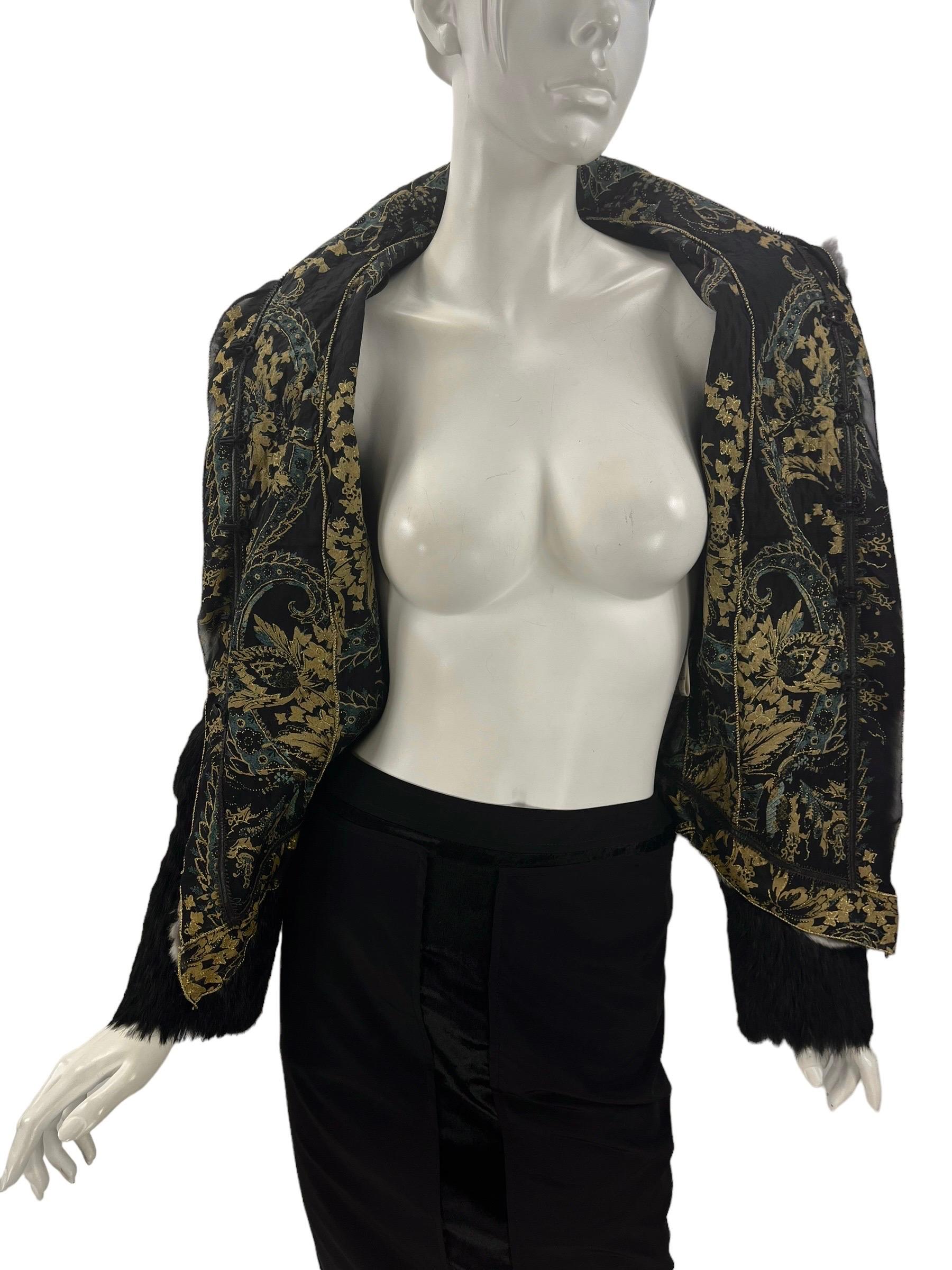 2004 Vintage Roberto Cavalli Black Lapin & Chinchilla Fur Silk Corset Jacket For Sale 1