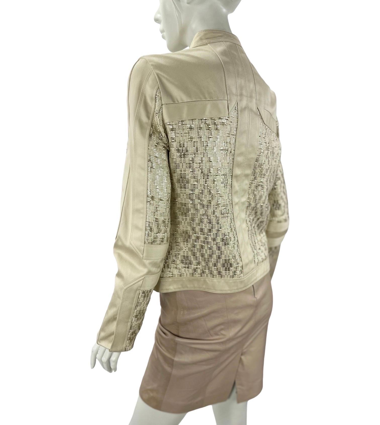 2004 Vintage Tom Ford for Gucci Nude Gabardine and Gold Leather Biker Jacket 
Editor’s note:
A Fabulous Creation from Tom Ford Era 2004 Spring/Summer collection. Impossible to find!
Details:
IT Size 42 - US 6, shoulders 16