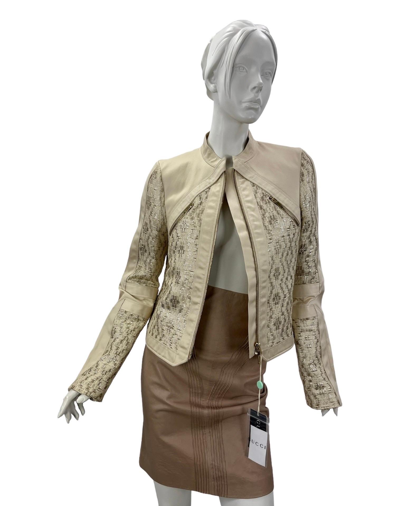 2004 Vintage Tom Ford for Gucci Nude Gabardine and Gold Leather Biker Jacket NWT In New Condition For Sale In Montgomery, TX