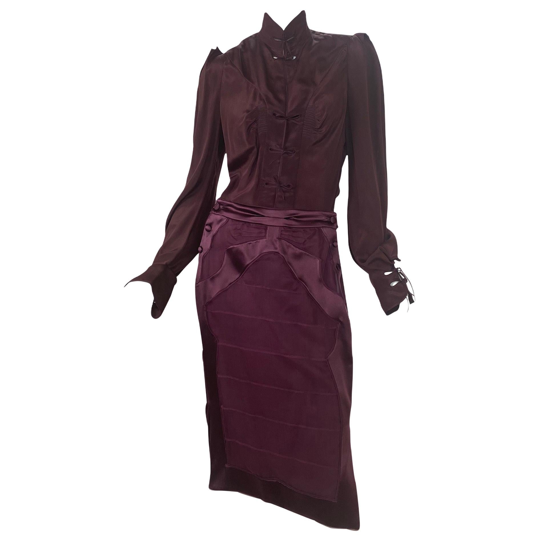 2004 Vintage Tom Ford for Yves Saint Laurent Burgundy Silk Chinoiserie Suit