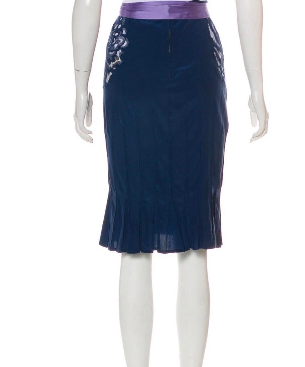 Black 2004 Yves Saint Laurent by Tom Ford blue silk skirt with lace accents on sides