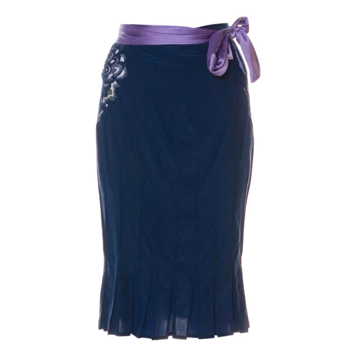 2004 Yves Saint Laurent by Tom Ford blue silk skirt with lace accents on sides