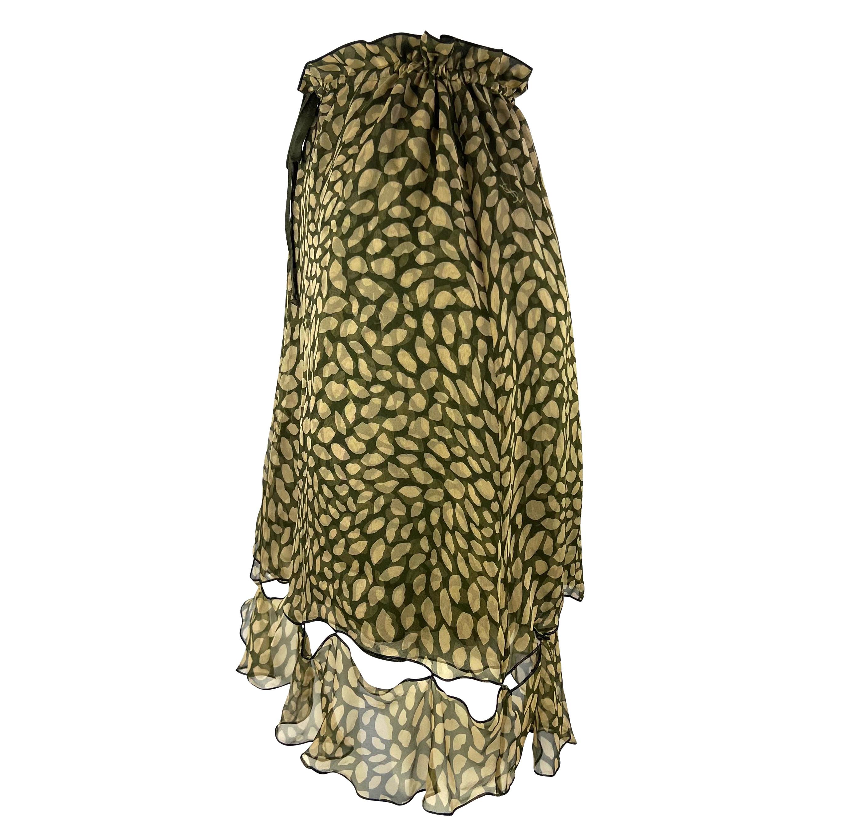 Brown Resort 2005 Yves Saint Laurent Green Lip Logo Print Silk Chiffon Skirt For Sale