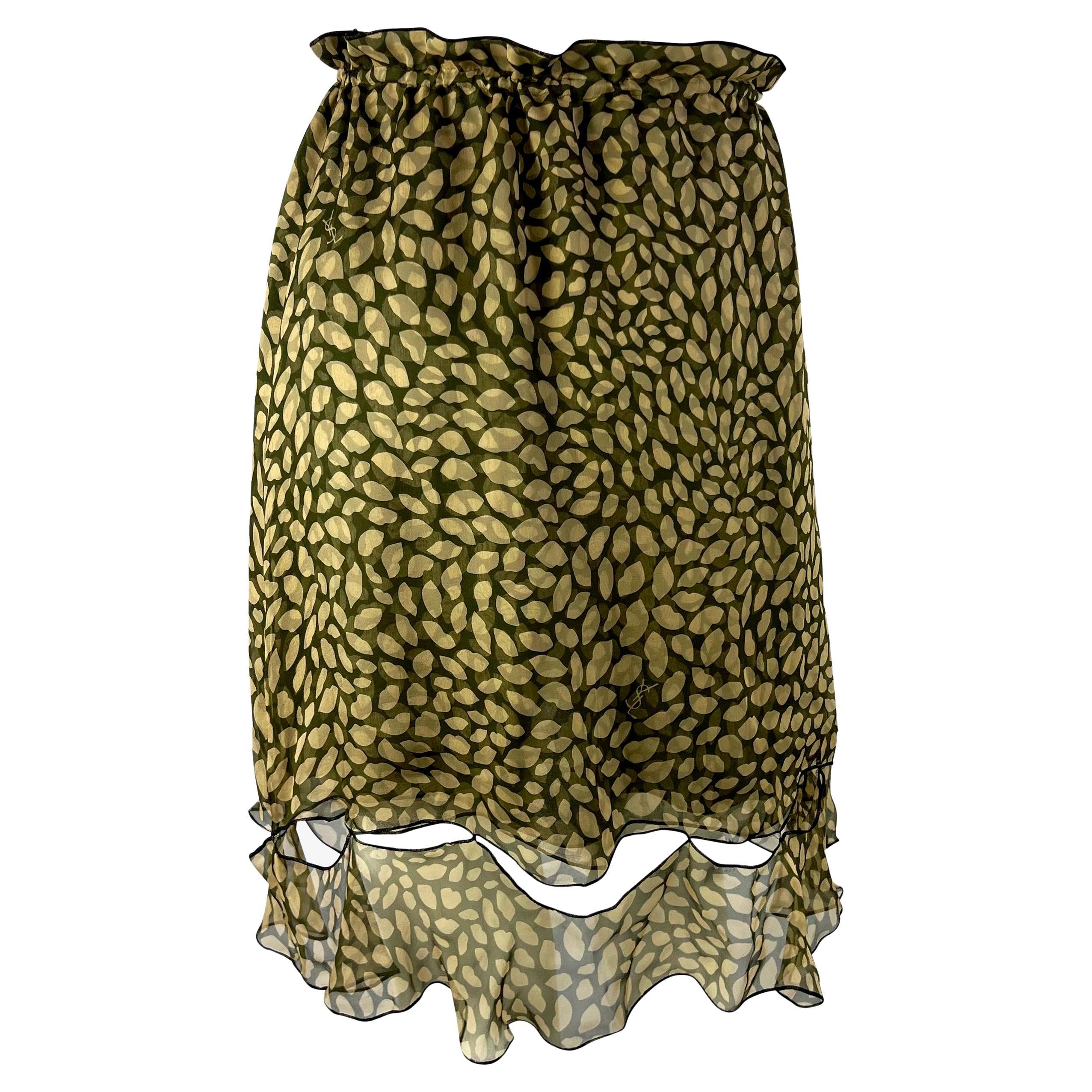 Resort 2005 Yves Saint Laurent Green Lip Logo Print Silk Chiffon Skirt In Excellent Condition For Sale In West Hollywood, CA