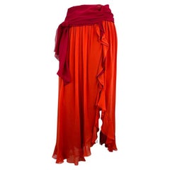 2004 Yves Saint Laurent by Tom Ford Red Orange Silk Ruffle Maxi Skirt
