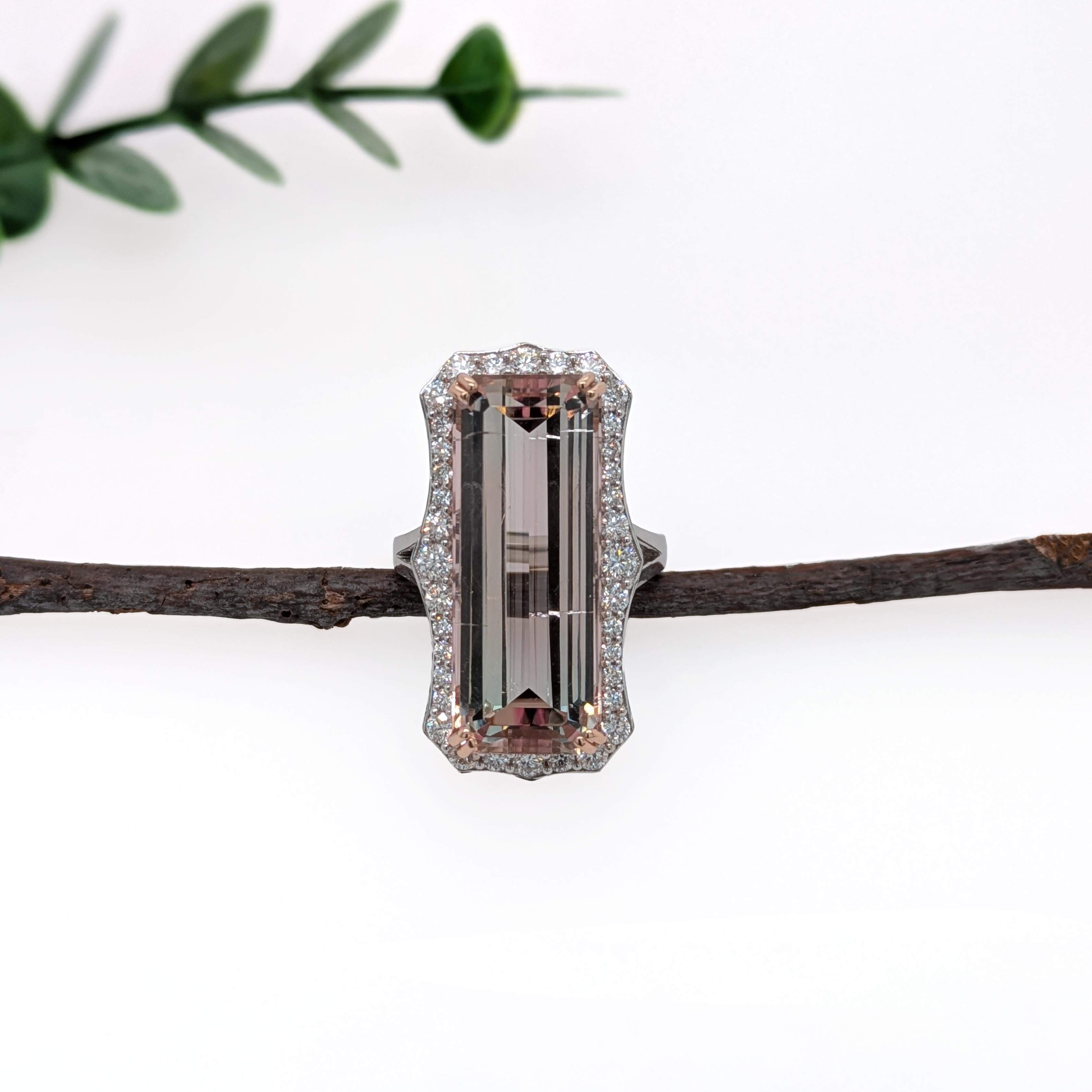 Contemporary 20.04cts Pink Tourmaline Ring w Diamond Halo in 14K Gold  Emerald Cut 25X10mm For Sale