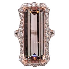 20.04cts Pink Tourmaline Ring w Diamond Halo in 14K Gold  Emerald Cut 25X10mm