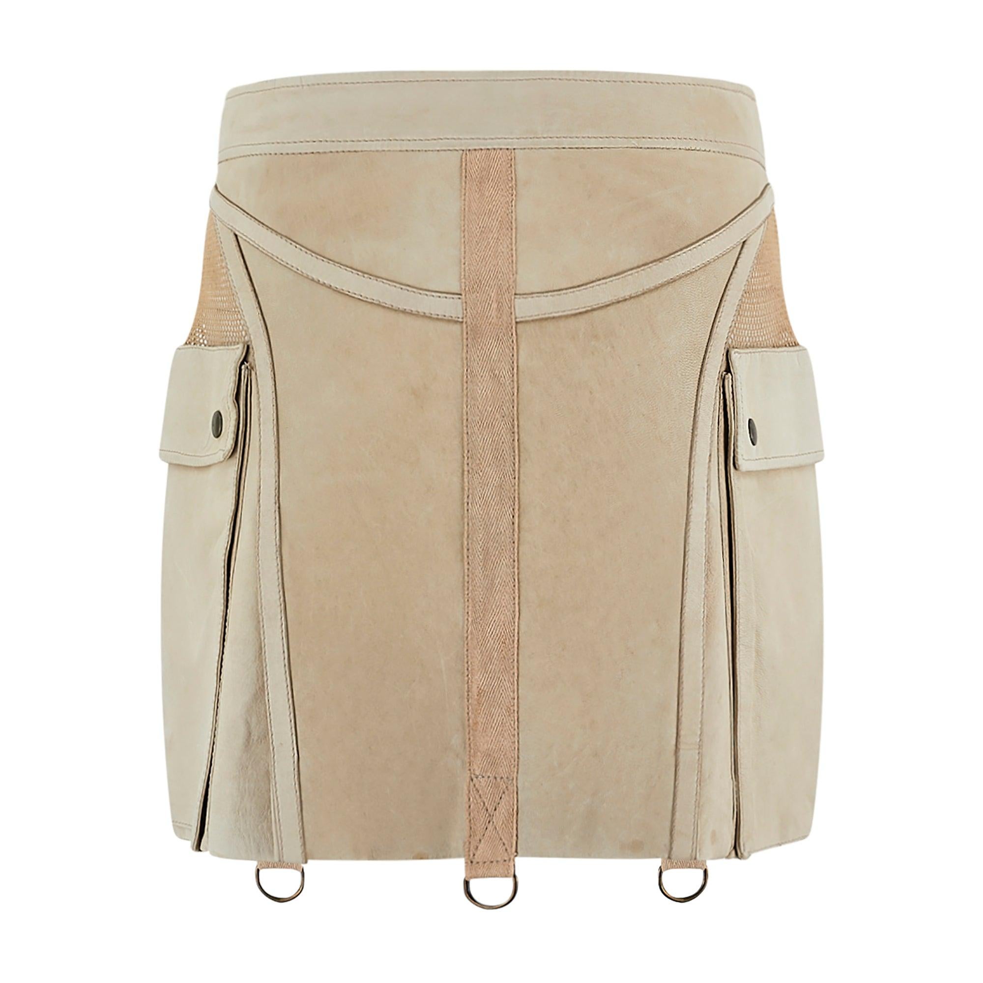 2005 Alexander McQueen Beige Leather Mini-Skirt with Net Panels In Good Condition For Sale In London, GB