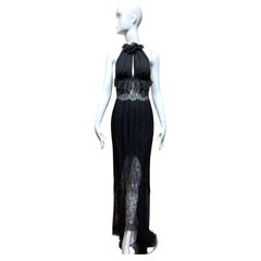 2005 CHANEL Schwarzes Seiden-Spitzen-Halterkleid
