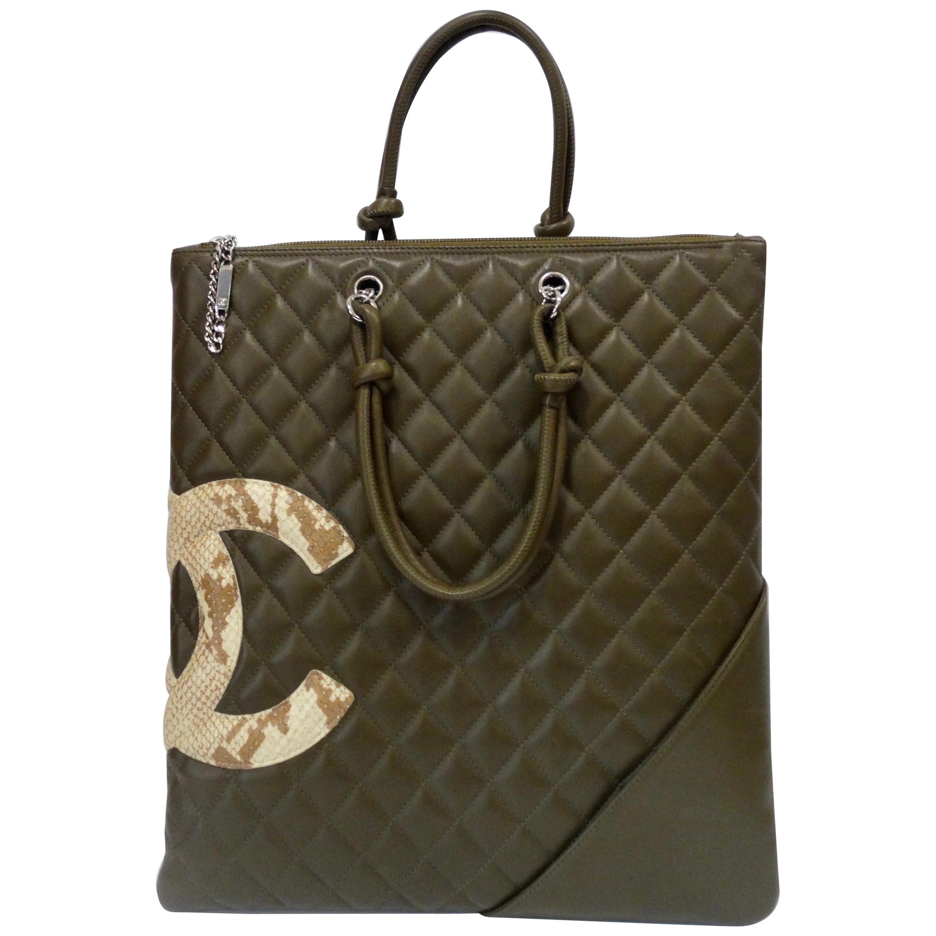 2005 Chanel Cambon Olive Green Leather Tote Bag 