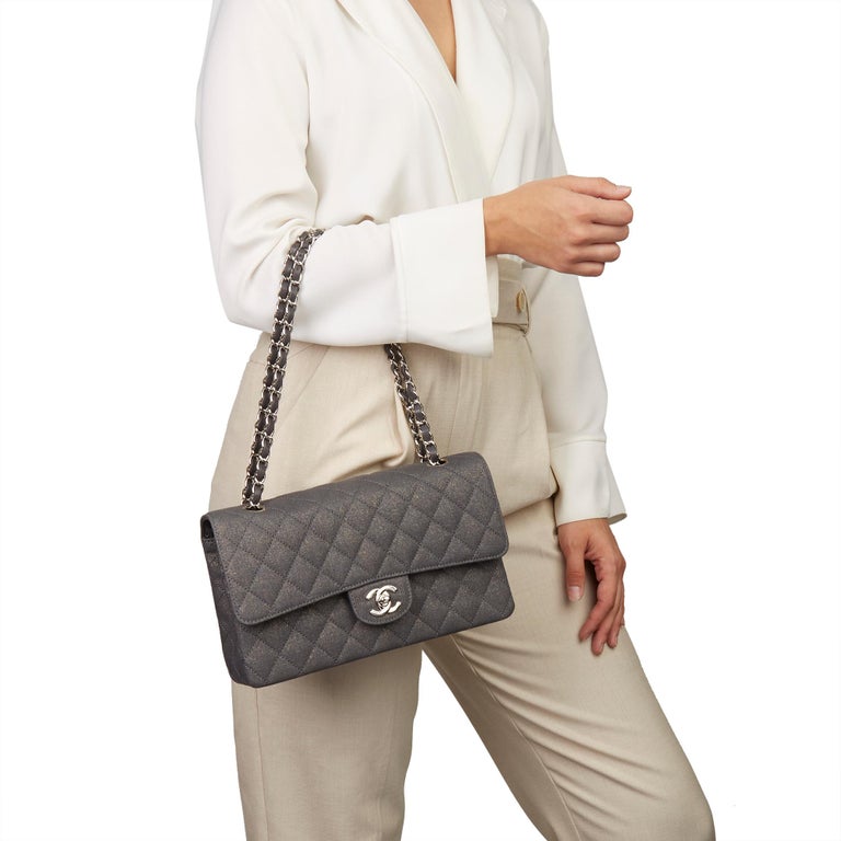 2005 Chanel Grey Quilted Metallic Canvas Medium Classic Double Flap Bag ...