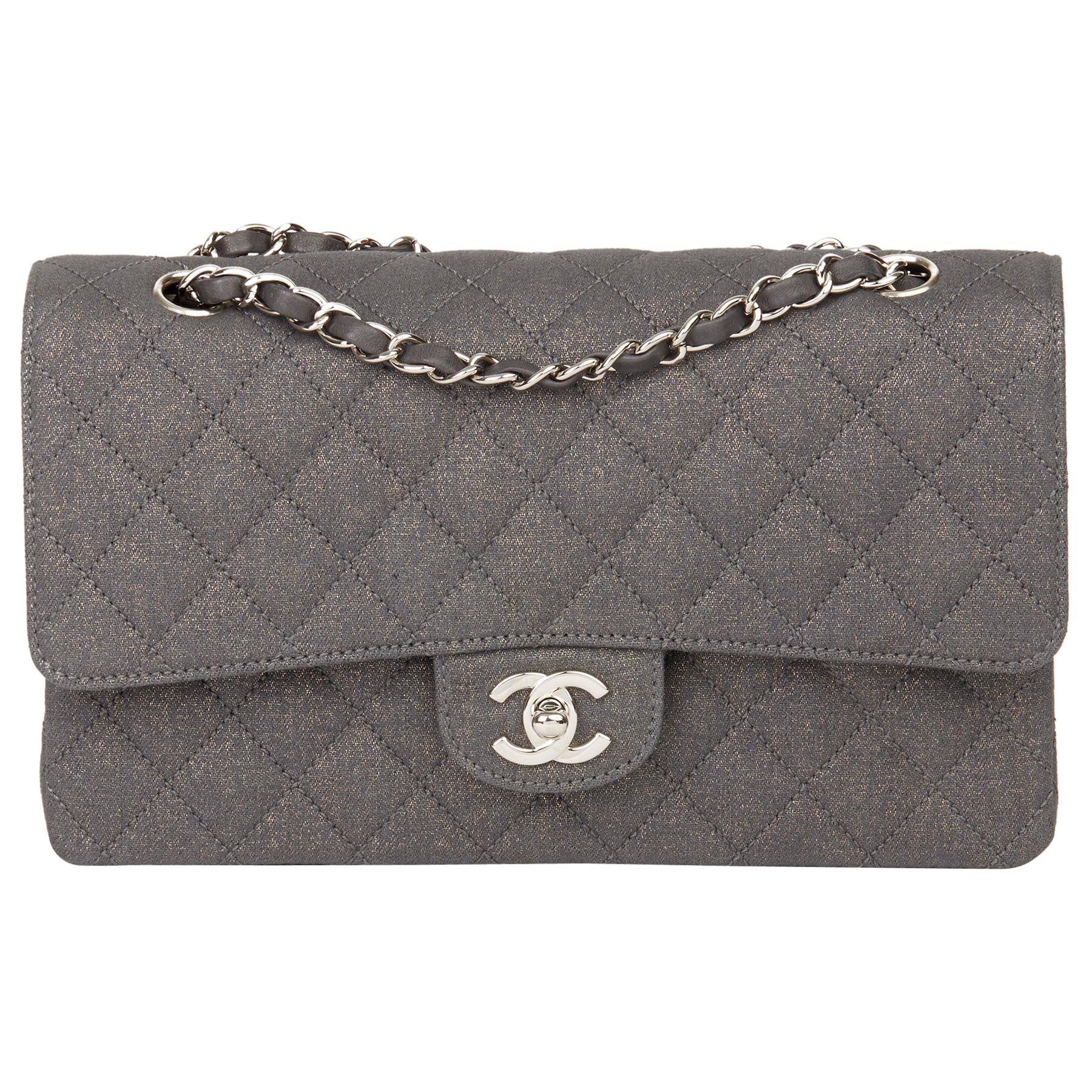 2005 Chanel Grey Quilted Metallic Canvas Medium Classic Double Flap Bag 