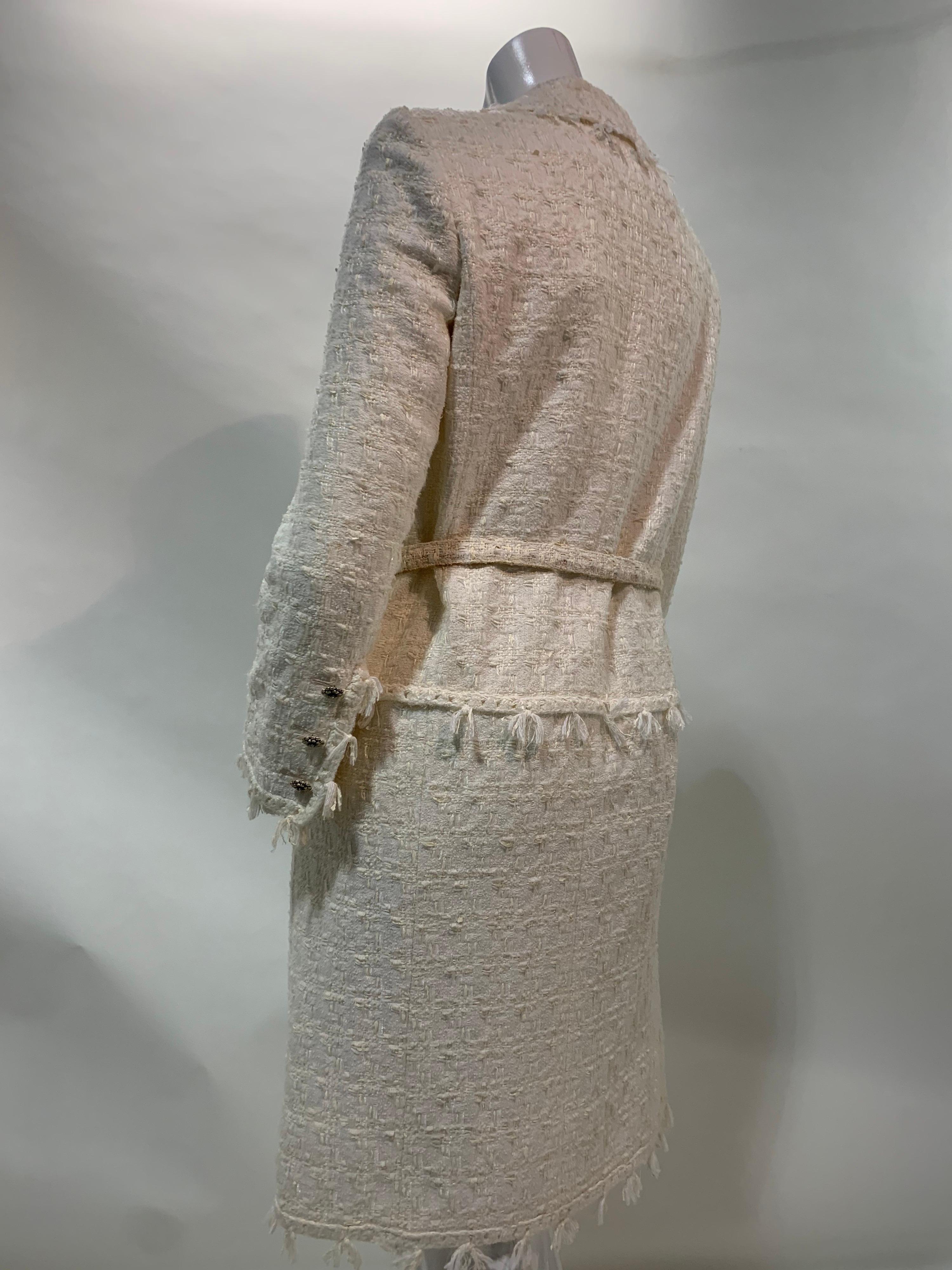 2005 Chanel Ivory Boucle Fringed Coat Dress w/ Matching Camellia For Sale 6