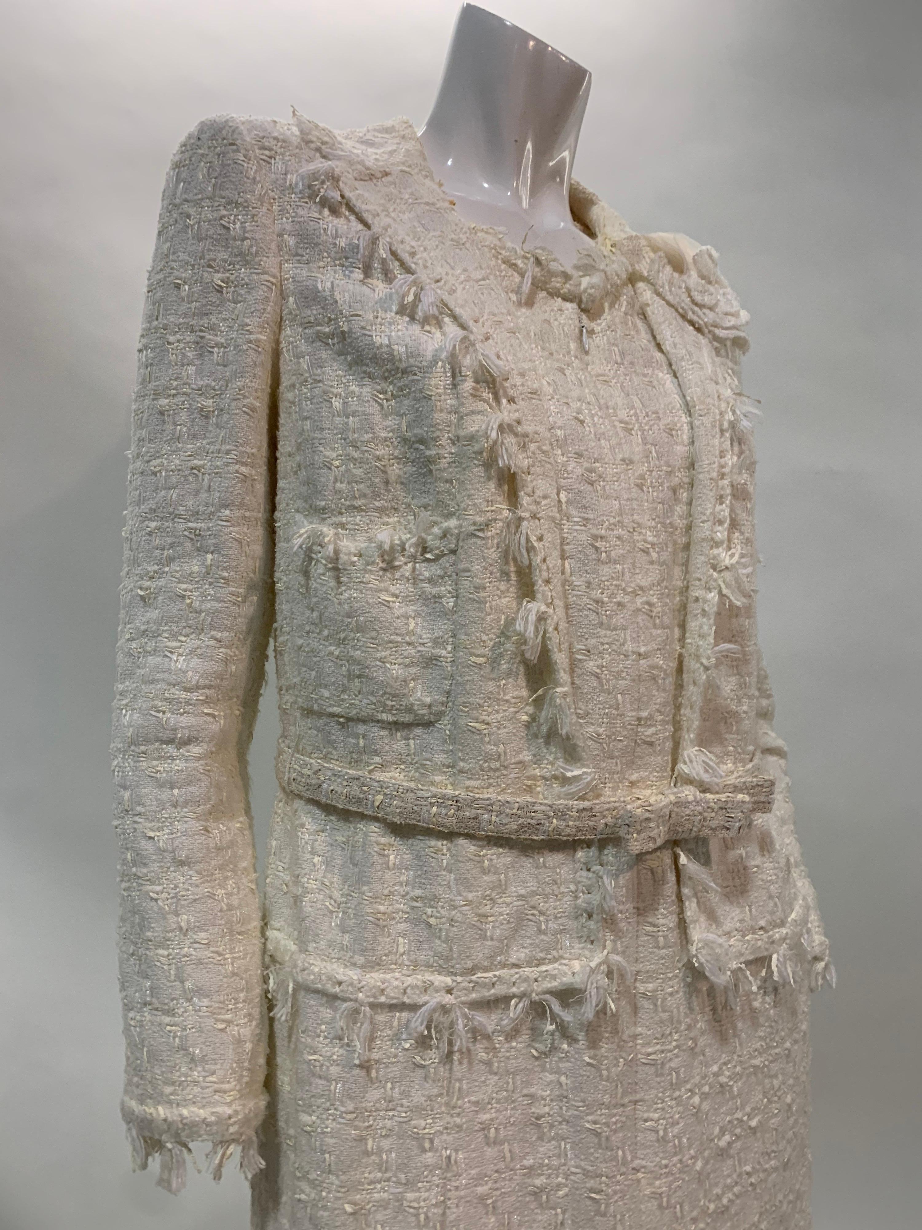 Gray 2005 Chanel Ivory Boucle Fringed Coat Dress w/ Matching Camellia For Sale