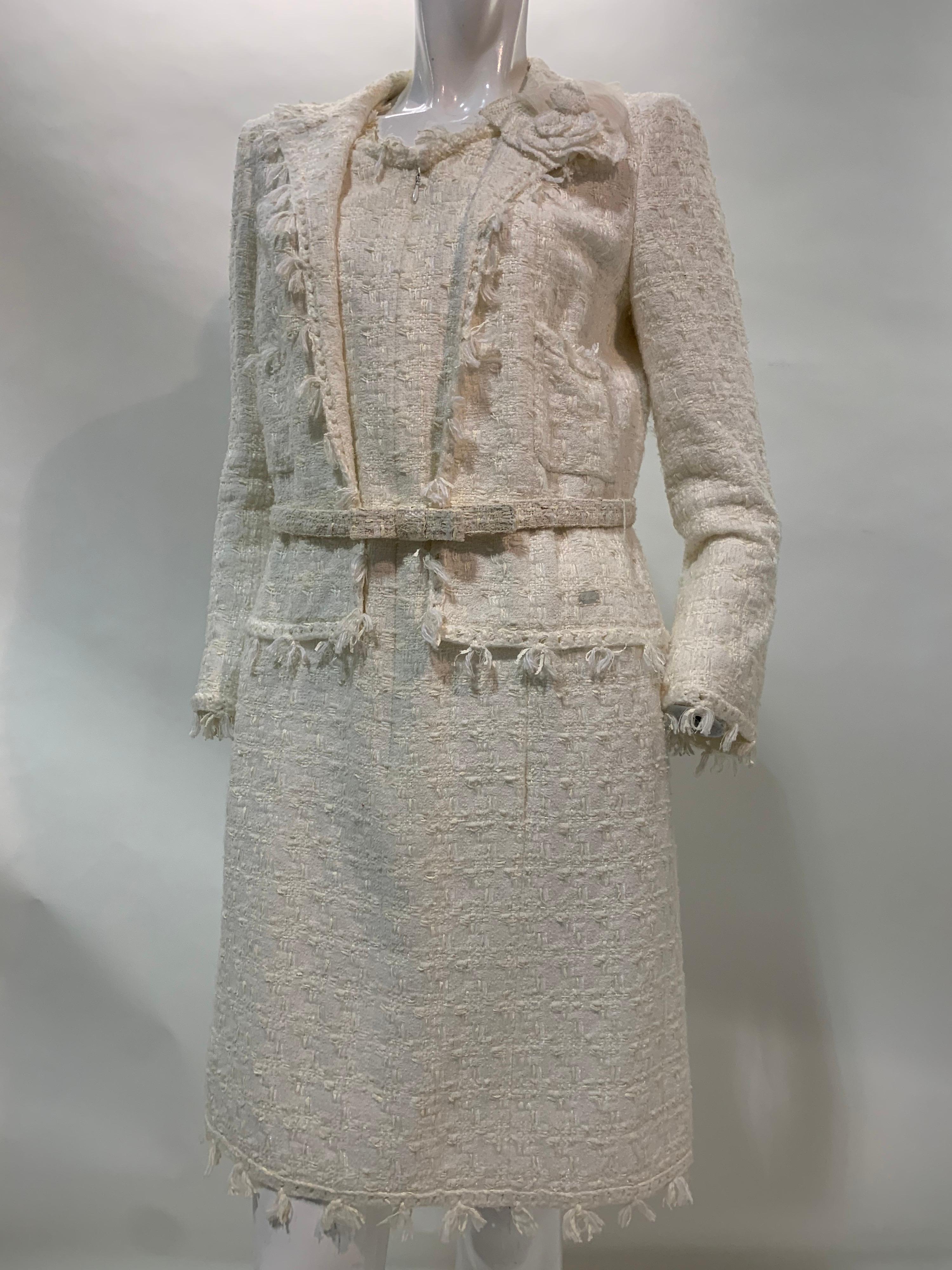 Women's 2005 Chanel Ivory Boucle Fringed Coat Dress w/ Matching Camellia For Sale