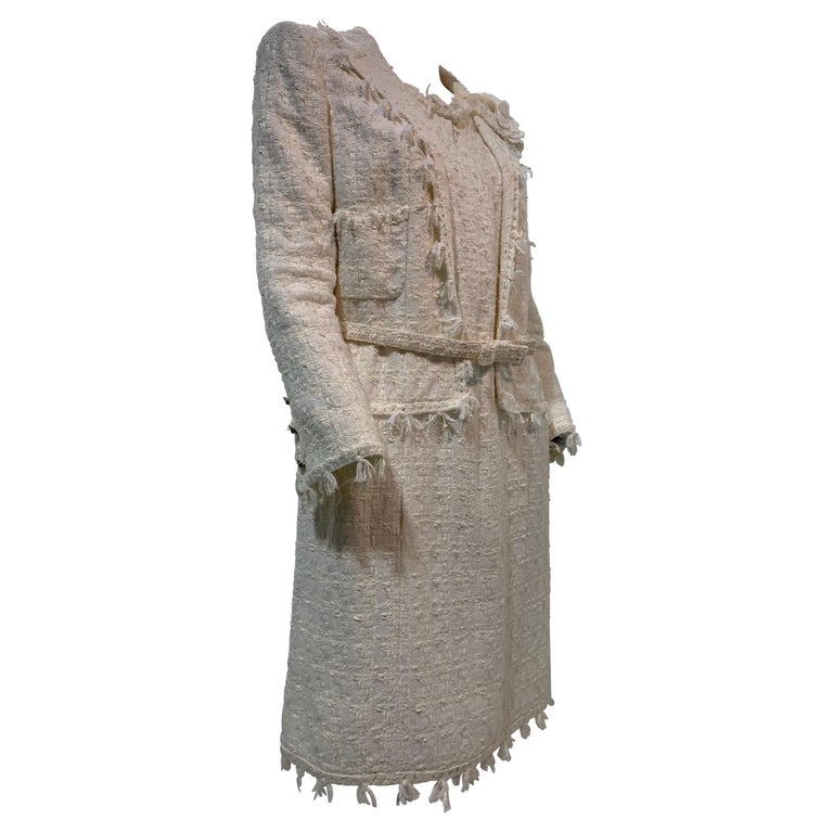 2005 Chanel Ivory Boucle Fringed Coat Dress W/ Matching Camellia