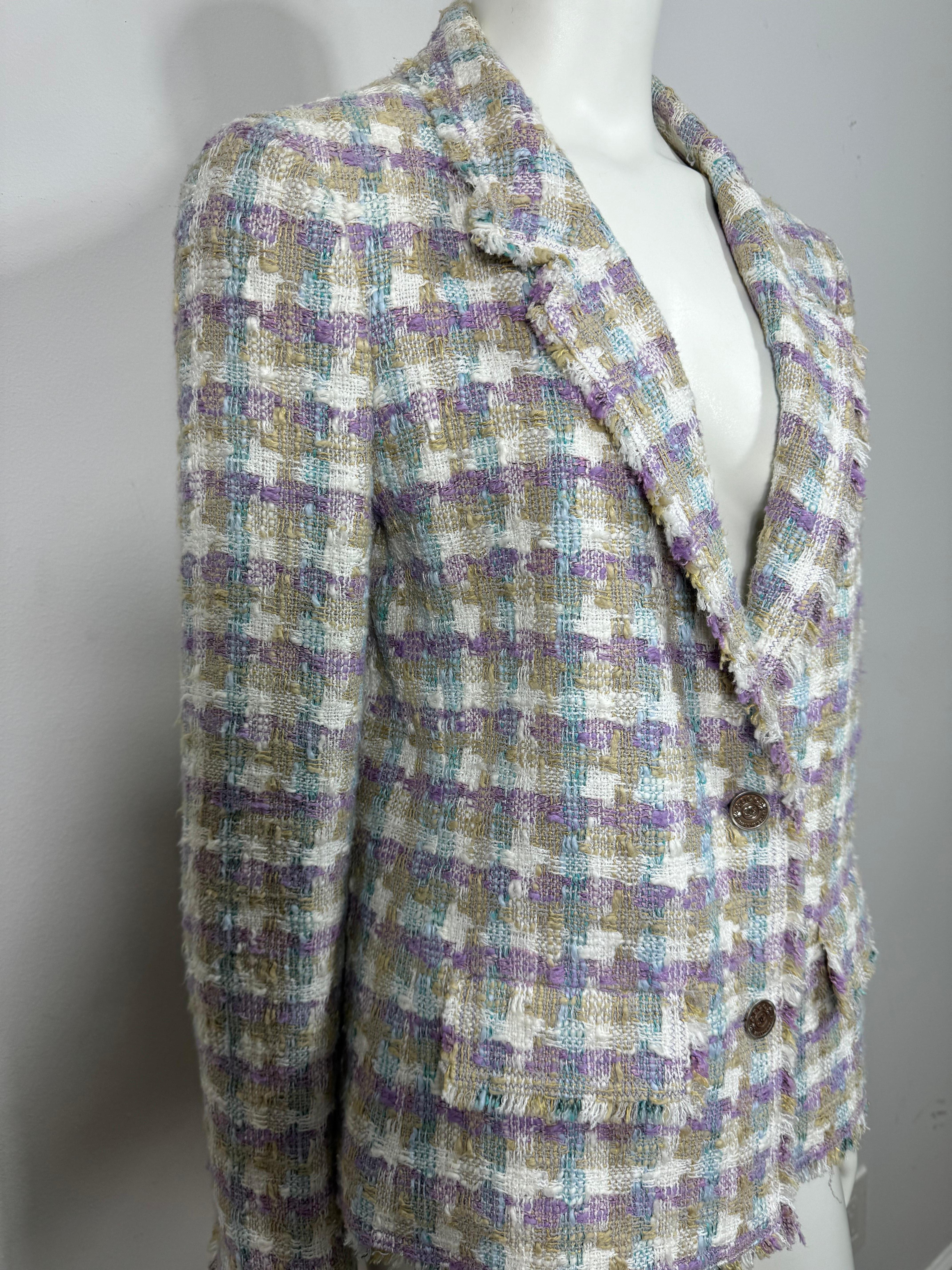 Gris Chanel Spring 2005 Multi Pastel Tweed Single Breasted Jacket - Taille 44 en vente