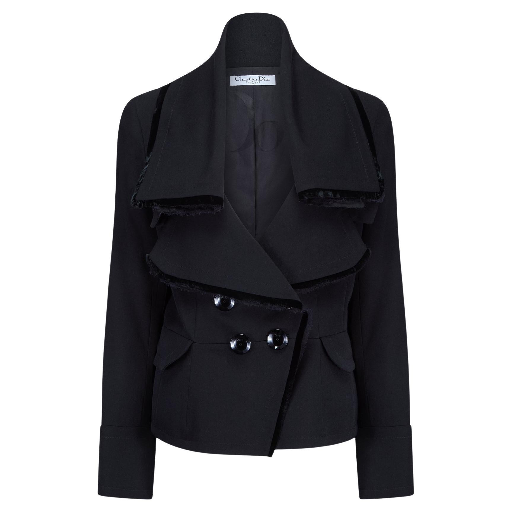 2005 Christian Dior Black Waterfall Double-Breasted Jacket with Velvet Trim For Sale