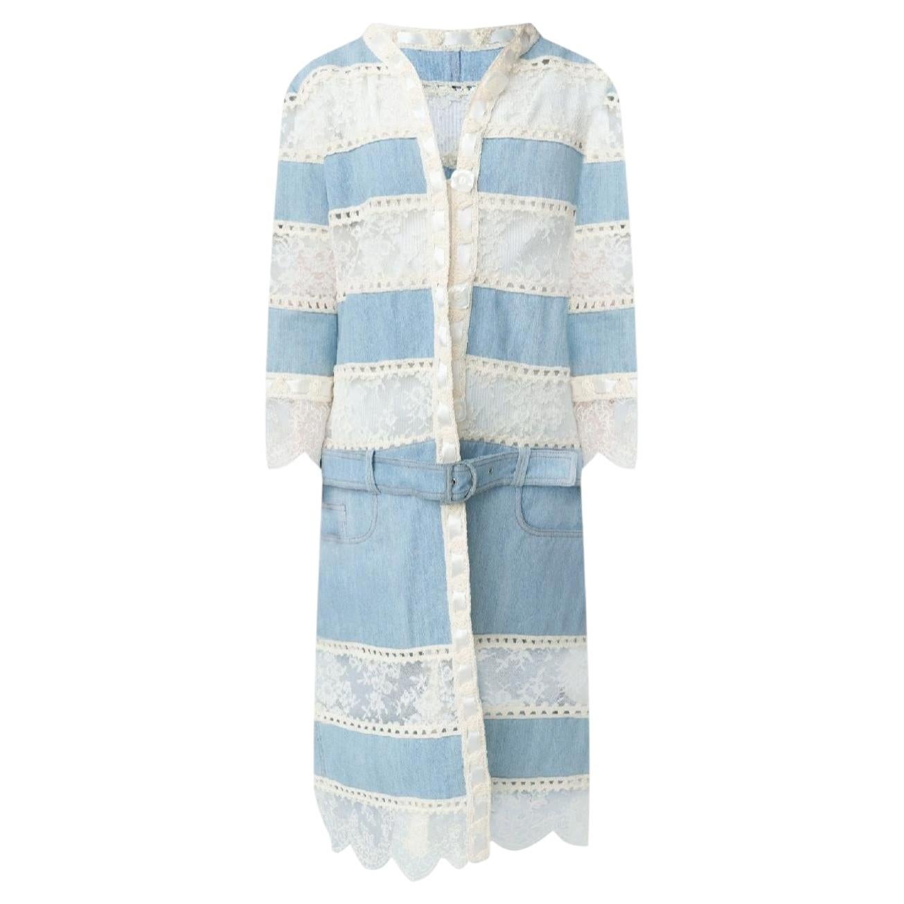 2005 Christian Dior Boutique Patchwork Denim and Lace Long Jacket For Sale