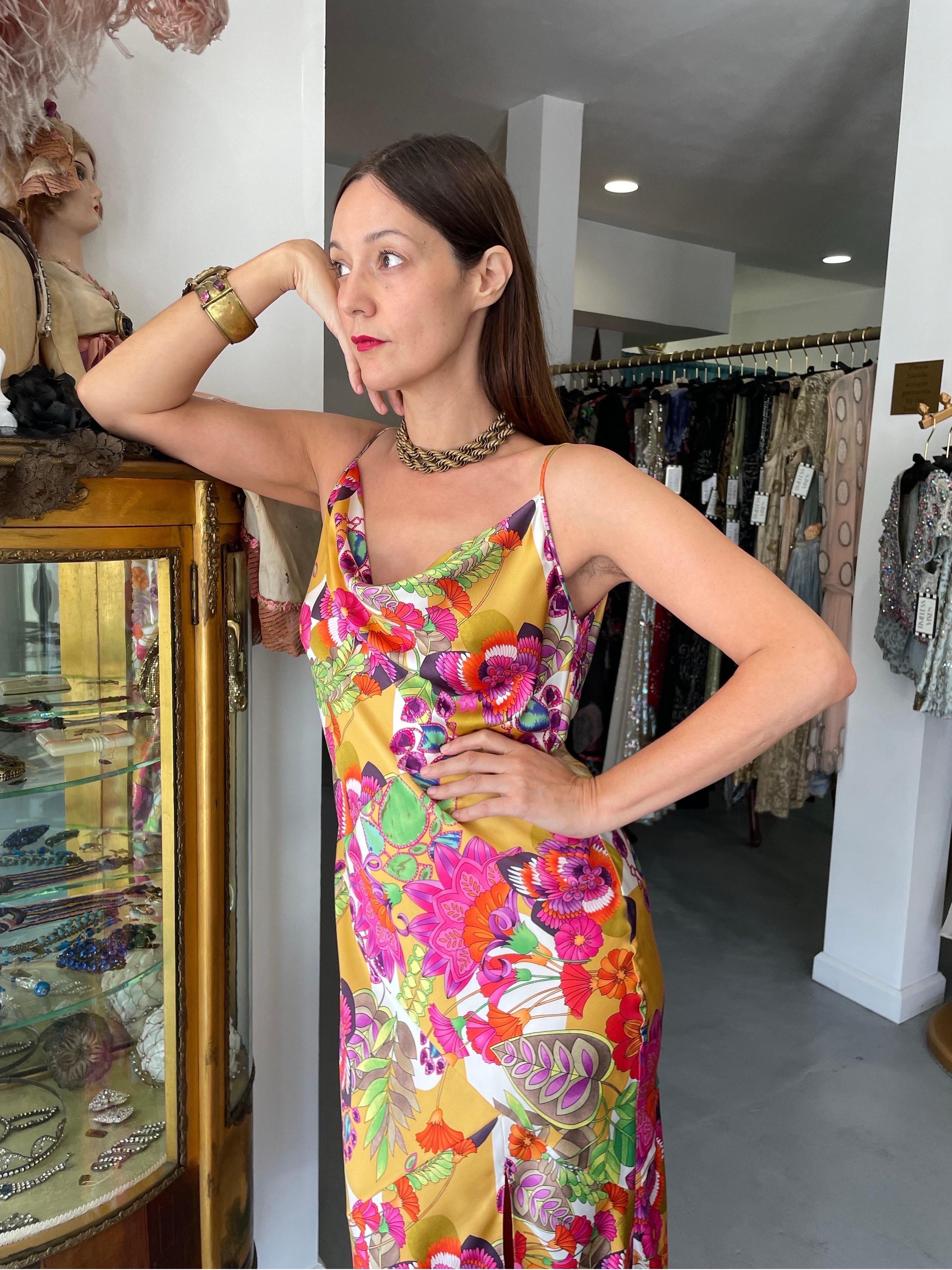 2005 Christian Dior by John Galliano Colorful Tie Dye Floral Silk Bias-Cut Dress In Good Condition For Sale In Beverly Hills, CA