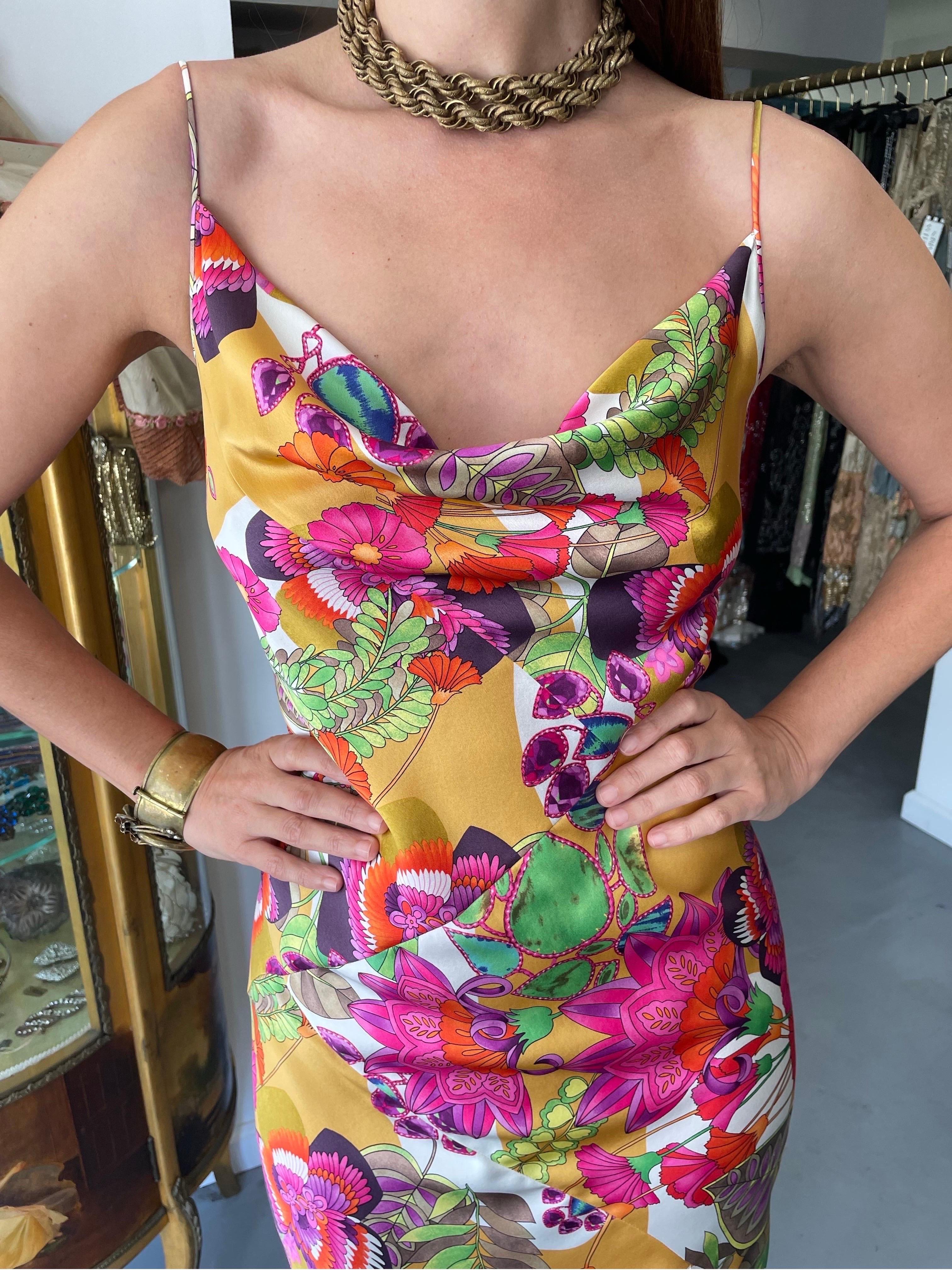 Women's 2005 Christian Dior by John Galliano Colorful Tie Dye Floral Silk Bias-Cut Dress For Sale