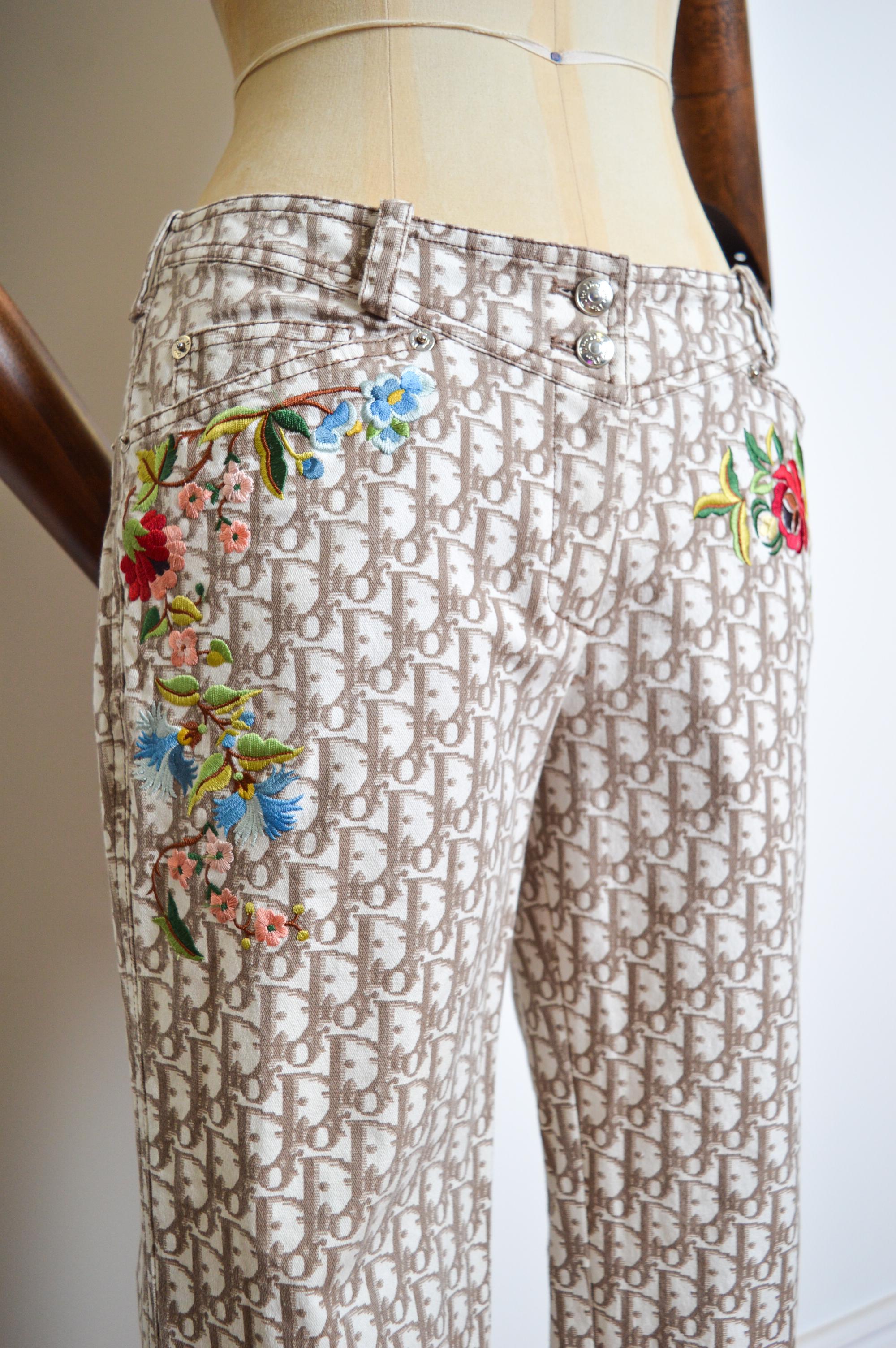 2005 Christian Dior by John Galliano embroidered Beige Trotter Pants Y2k Jeans For Sale 4