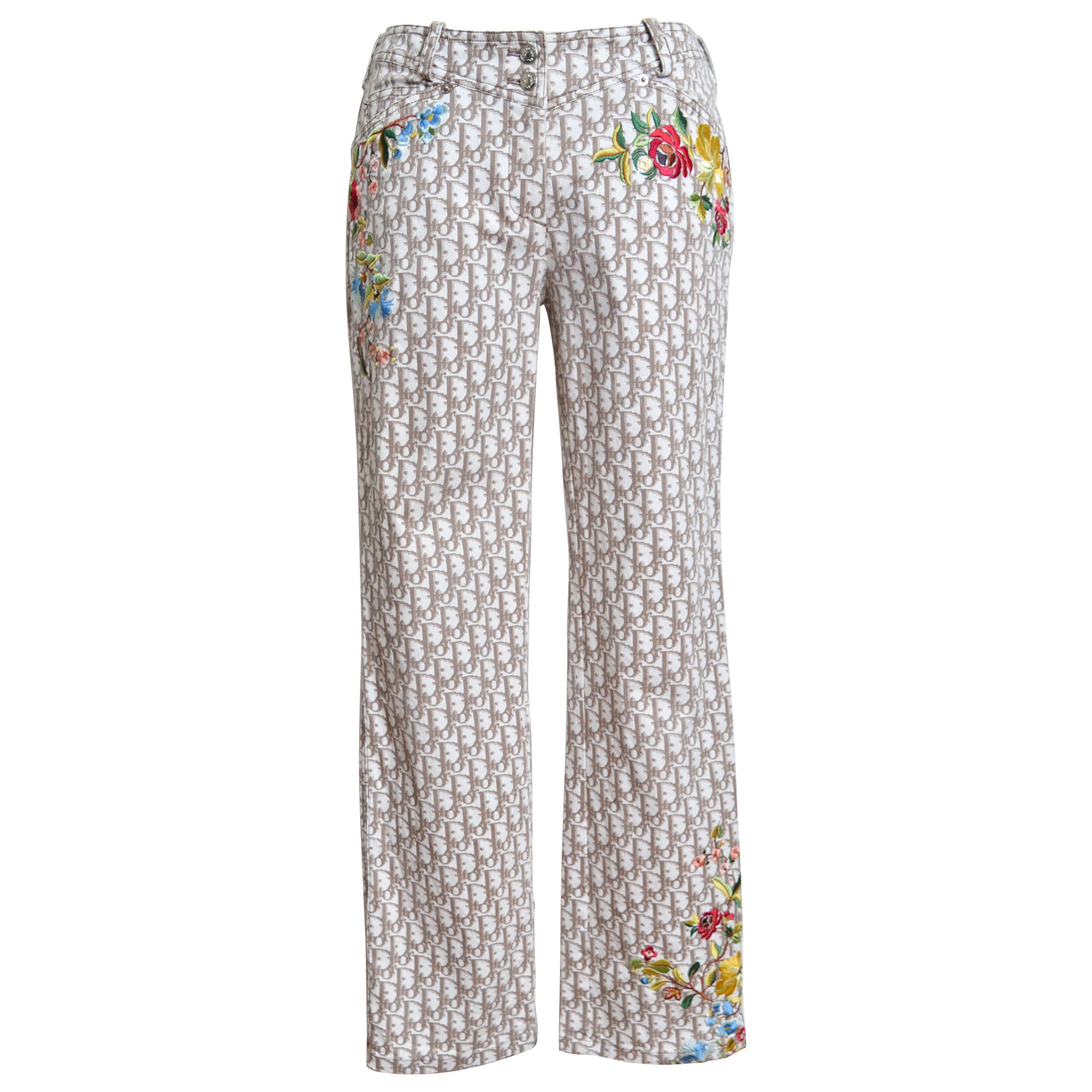 2005 Christian Dior by John Galliano bordado Beige Pantalones Trotter Y2k Jeans