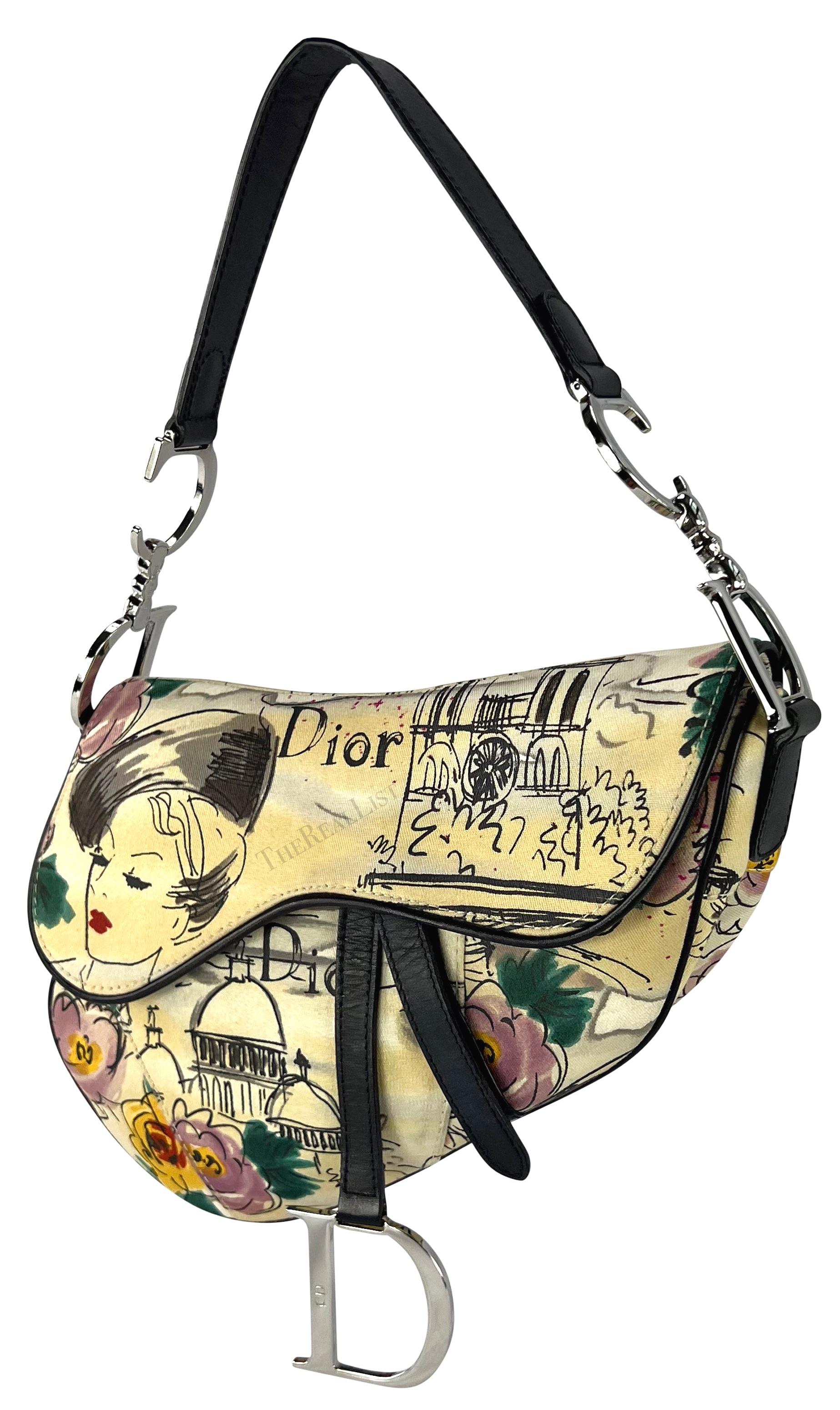 TheRealList presents: a fabulous off-white Parisian-motif Christian Dior saddle bag, designed by John Gallino. From 2005, this limited edition bag pays homage to the brand’s French heritage and is covered in a watercolor floral motif with Parisian