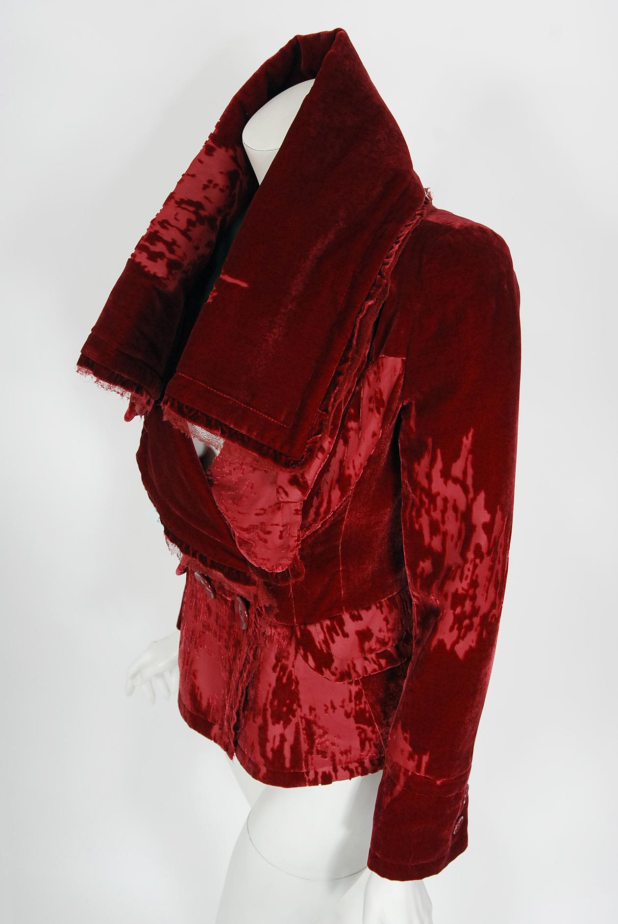 2005 Christian Dior by John Galliano Red Silk-Velvet Double Breasted Jacket In Good Condition In Beverly Hills, CA