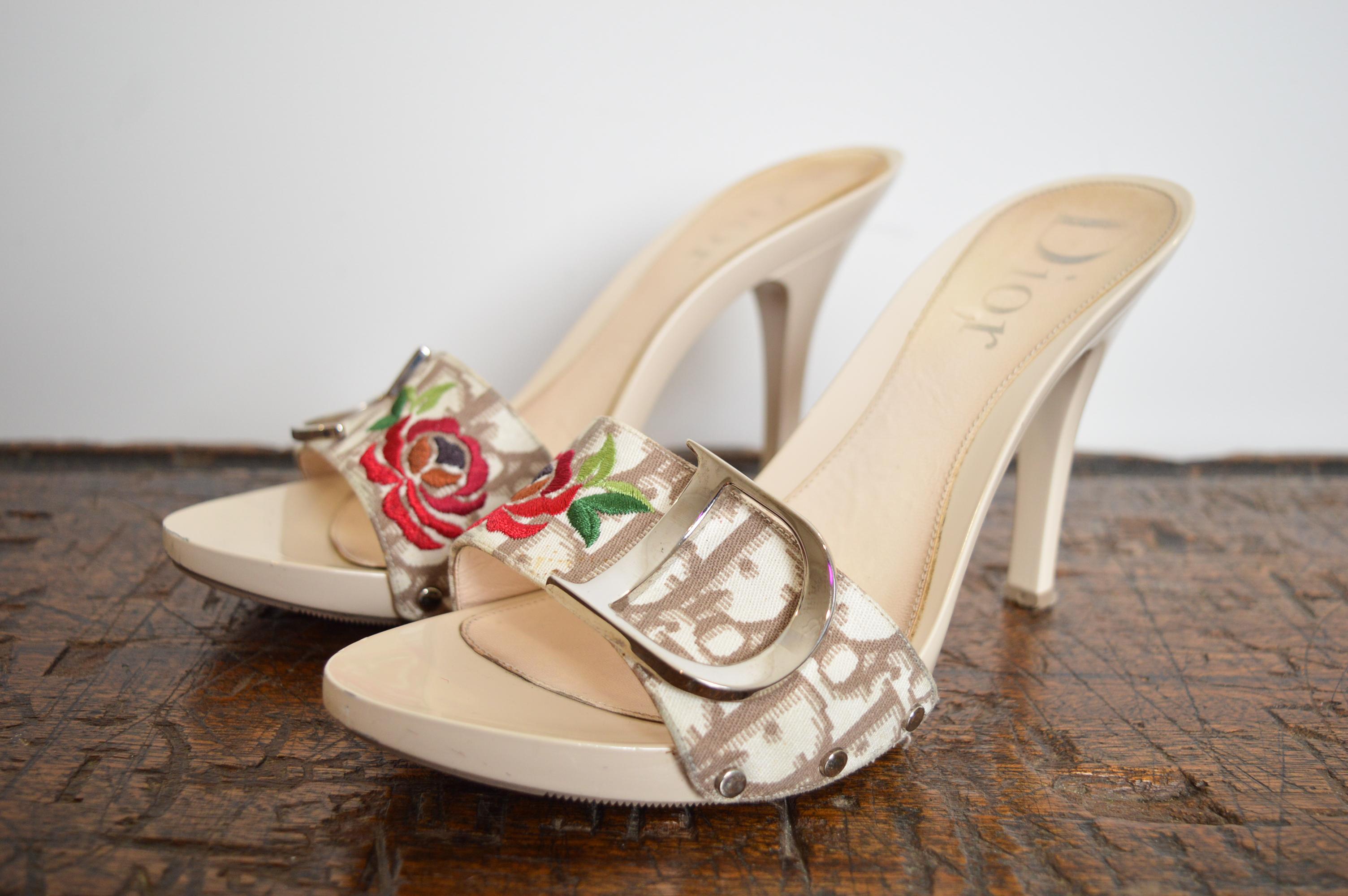 2005 Christian Dior by John Galliano Y2K CD buckle kitten mules high heels For Sale 1
