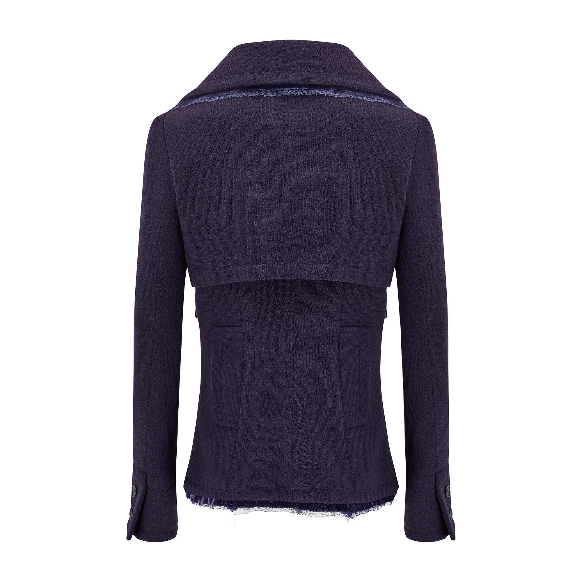 2005 Christian Dior Lila zweireihige Wasserfalljacke mit Samtbesatz (Schwarz) im Angebot