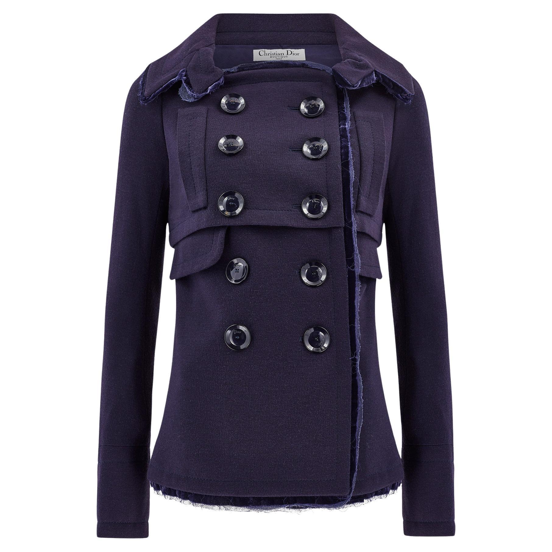 2005 Christian Dior Lila zweireihige Wasserfalljacke mit Samtbesatz im Angebot