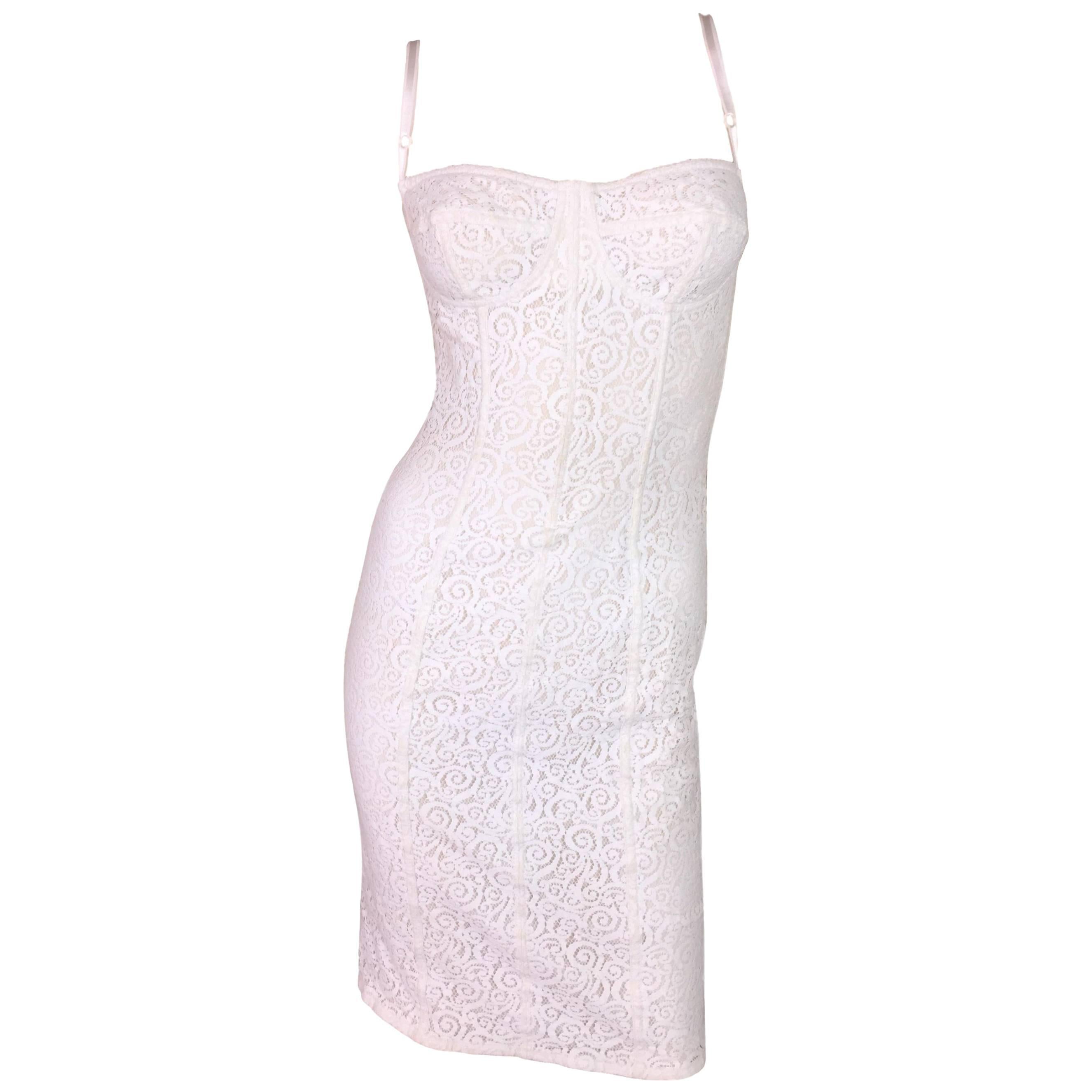 2005 Dolce 
Gabbana Sheer Ivory Lace Wiggle Bra Dress S