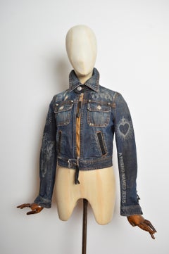 2005 Chaqueta Dsquared2 de cuero con flecos y denim angustiado occidental
