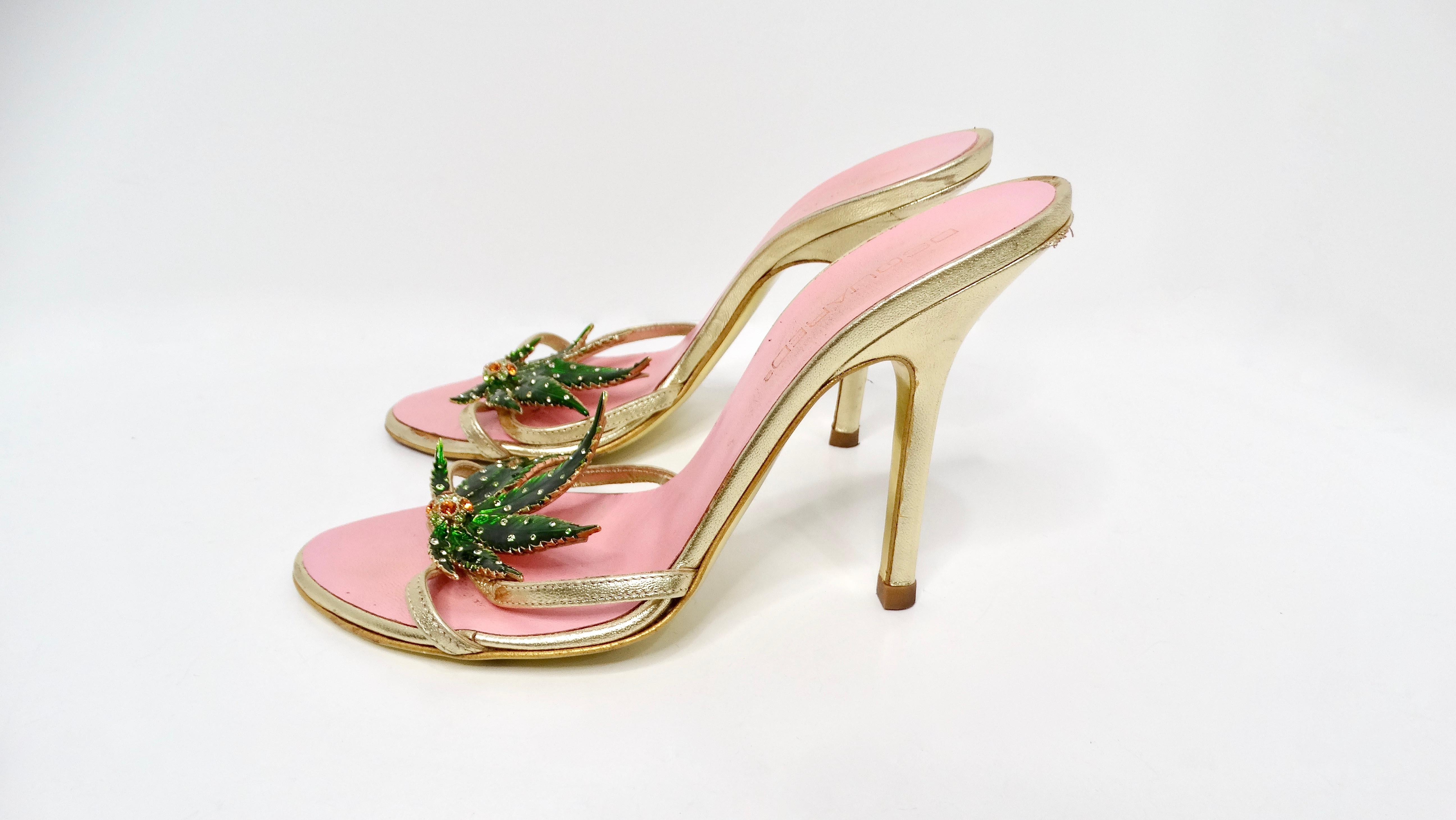 2005 Dsquared2 Marijuana Leaf Metallic Gold Sandal Heels In Fair Condition In Scottsdale, AZ