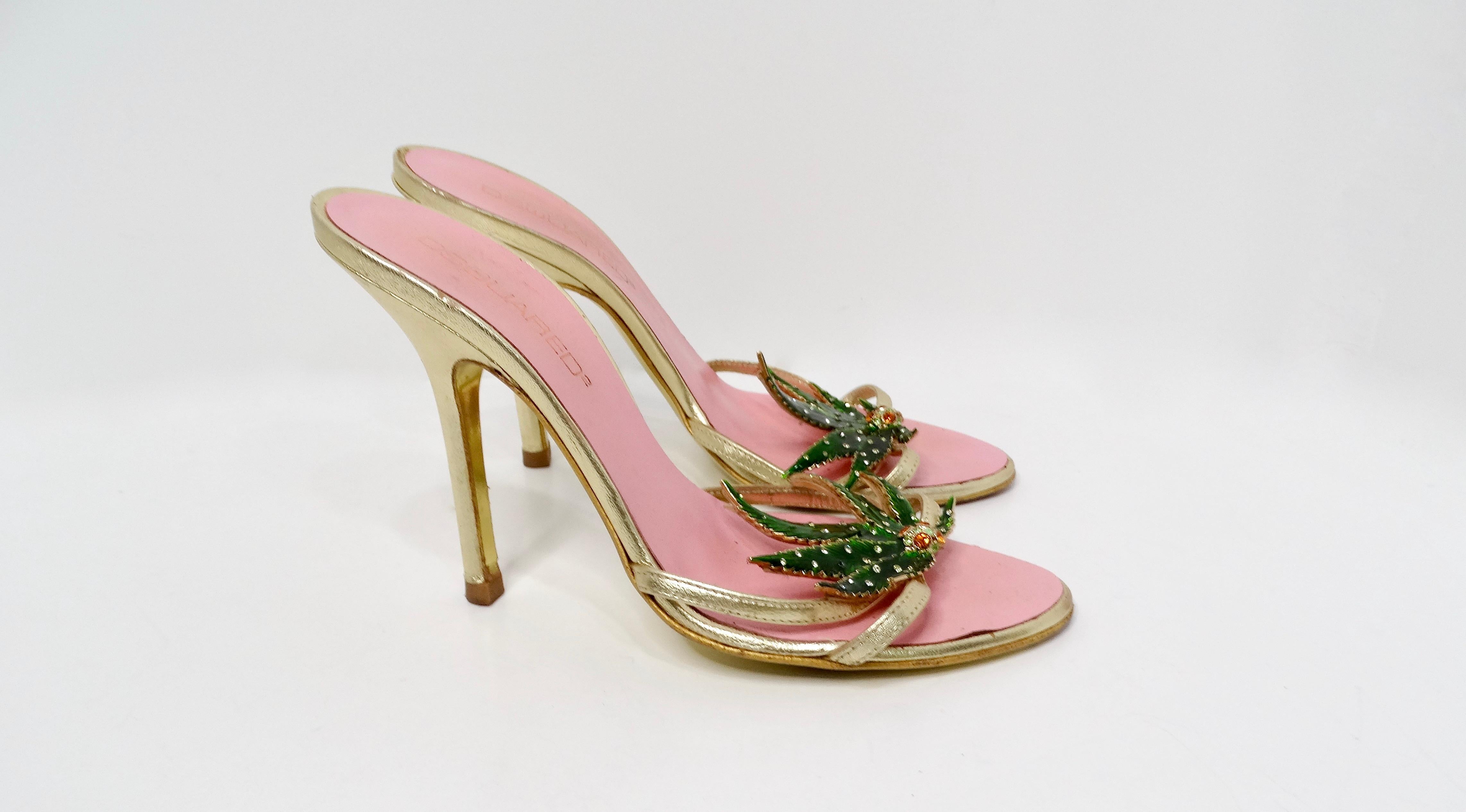 Women's 2005 Dsquared2 Marijuana Leaf Metallic Gold Sandal Heels