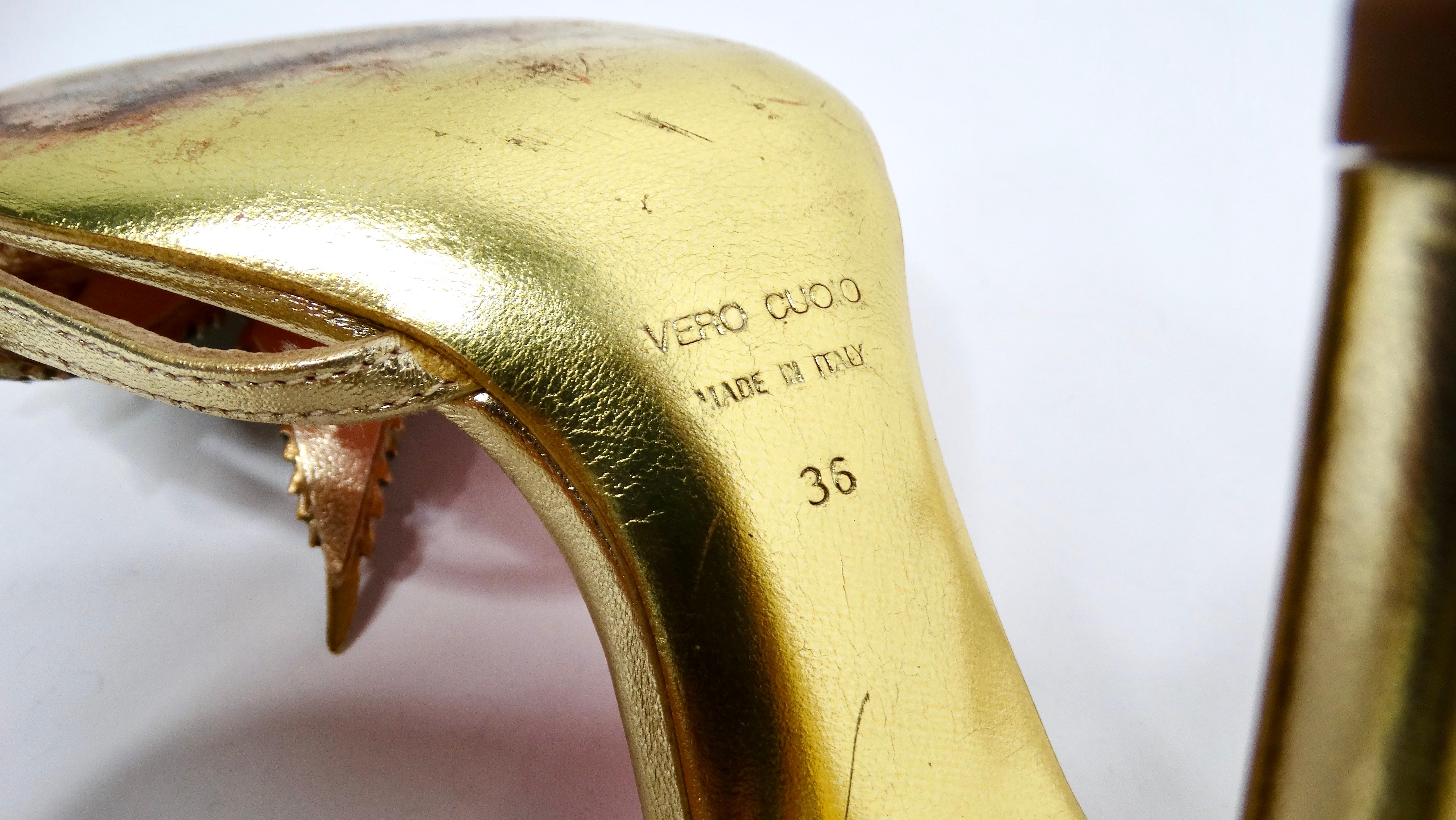 2005 Dsquared2 Marijuana Leaf Metallic Gold Sandal Heels 5