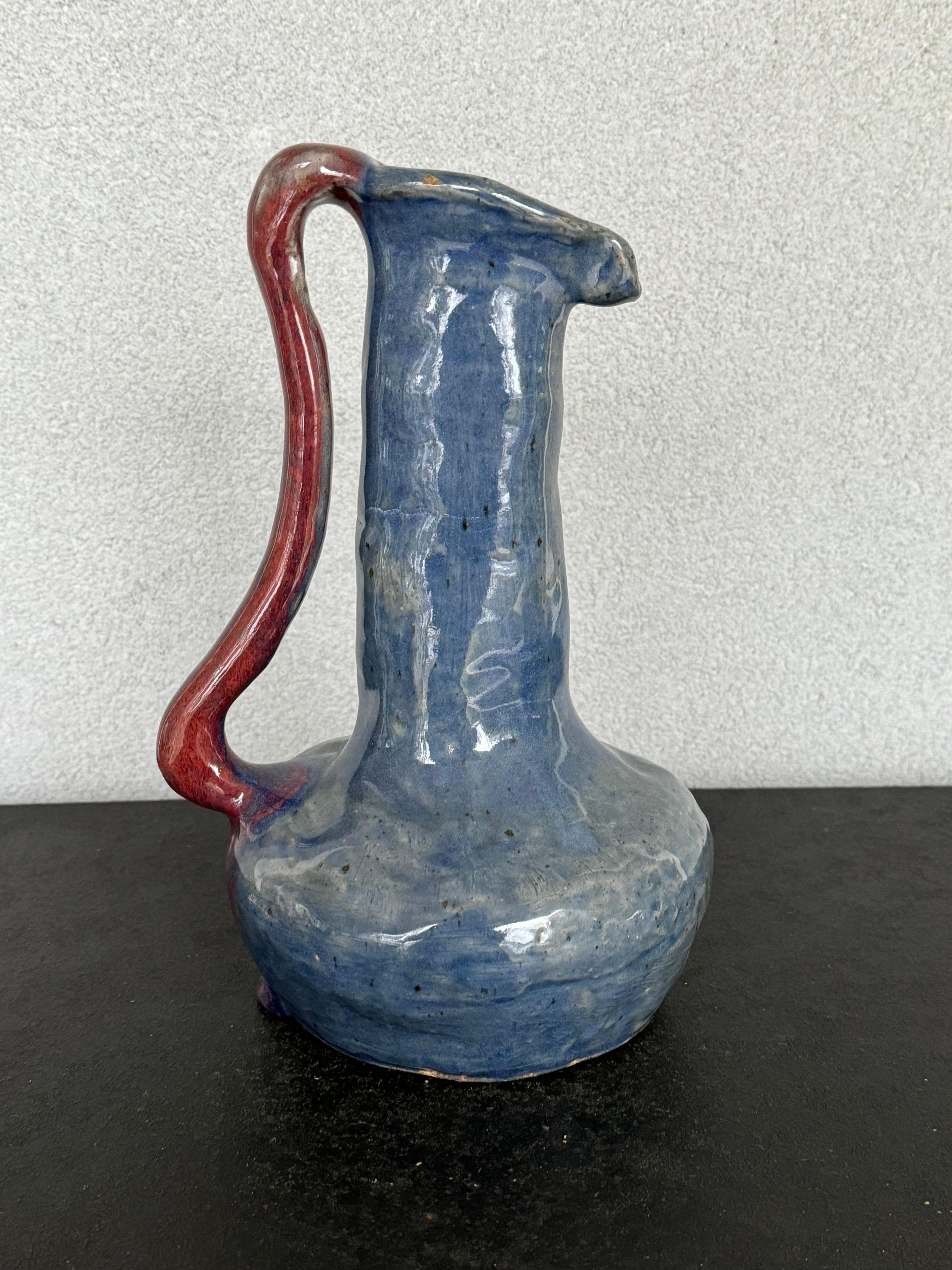 2005 Hand-Made Glazed Blue Pottery Pitcher  For Sale 6